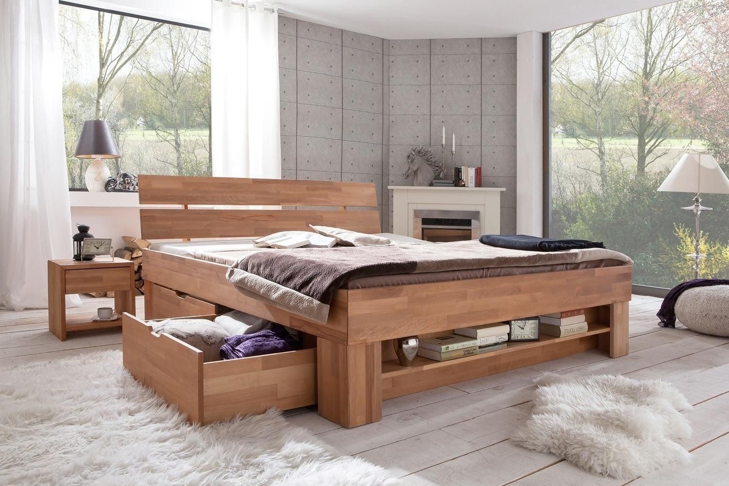 ELFO Bettgestell SOFIE, Kernbuche massiv geölt, 140 x 200 cm, mit 4 Schubladen