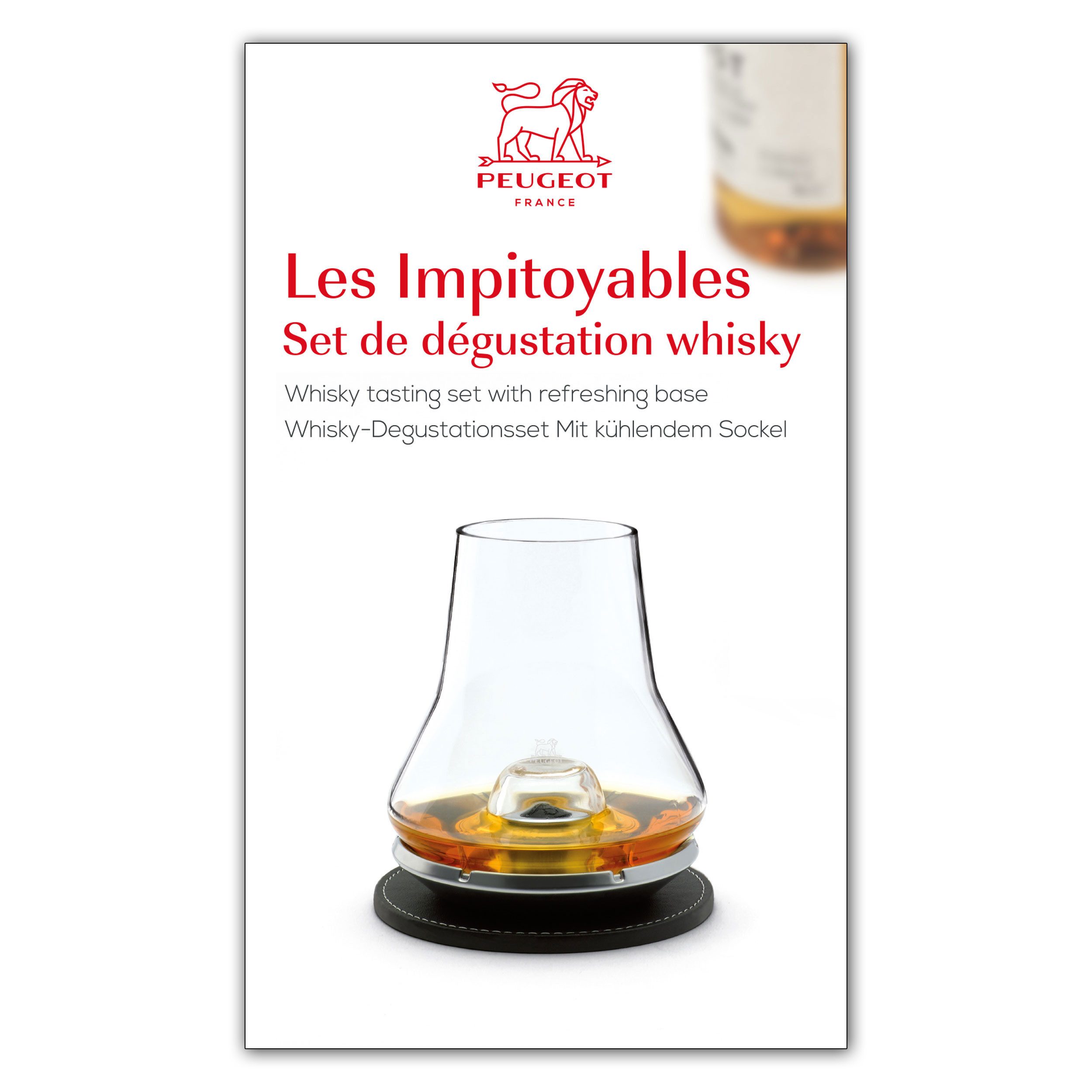 PEUGEOT Whiskyglas LES IMPITOYABLES Degustationsset Whisky Dreiteilig Glas mit Untersetze
