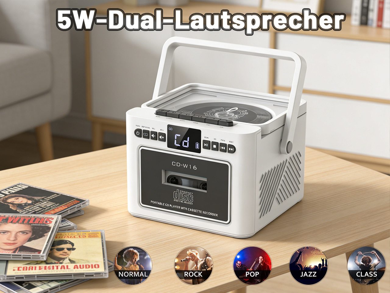 Greadio W16 Tragbarer CD-Player Kassettenrekorder mit Bluetooth 5.1 FM Radio CD-Player (Bluetooth)