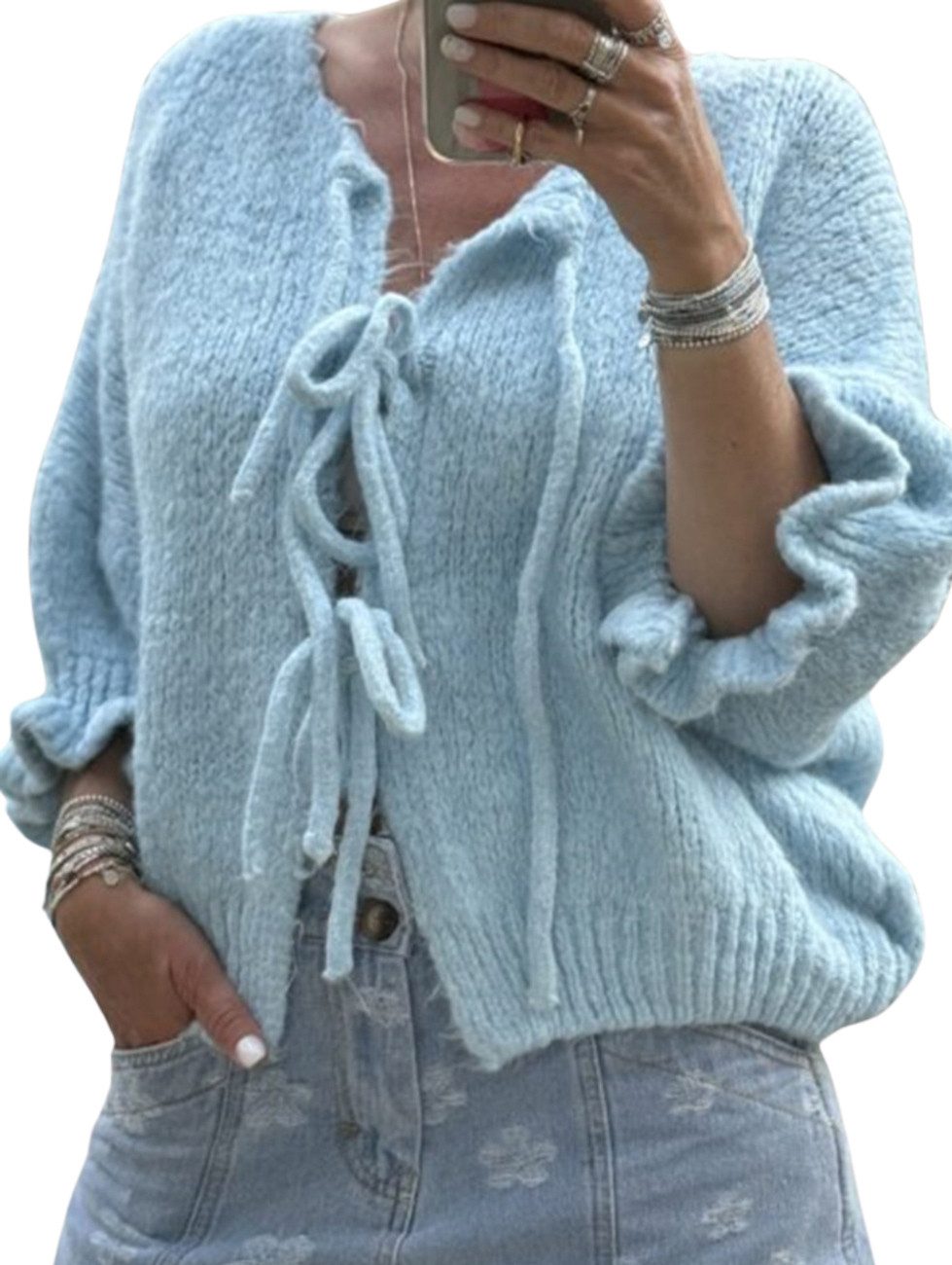 Rundhalspullover Pullover mit Schleifenbindung