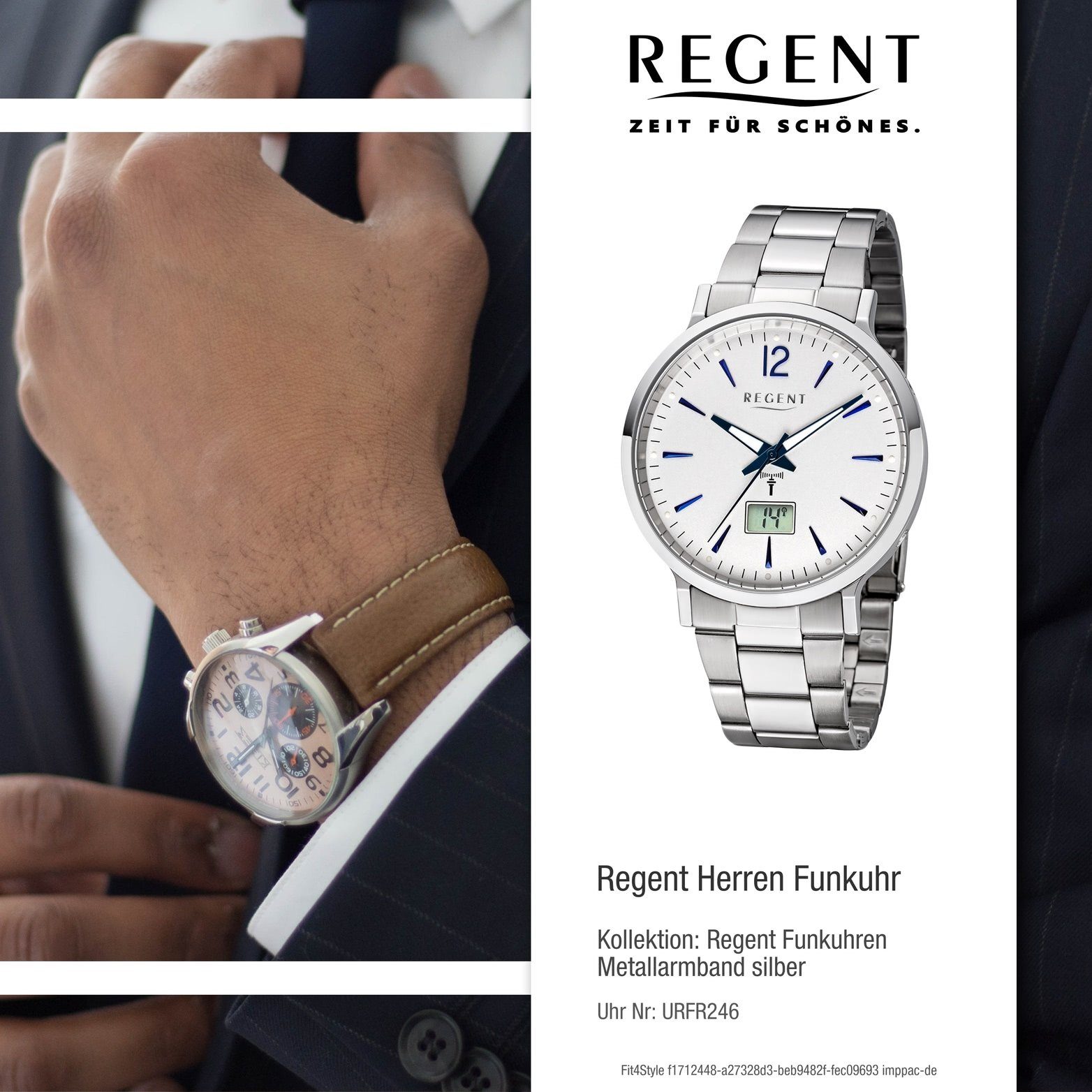 Regent Funkuhr Regent Metall Herren Gehäuse Metallarmband, (ca. Uhr Elegant-Style Herrenuhr rundes 40mm), FR-246, mit