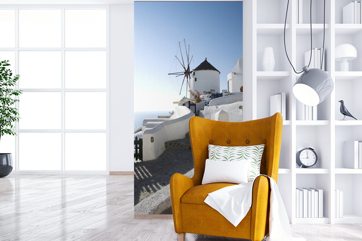 MuchoWow Fototapete Windmühle Santorin (2 Matt, Schlafzimmer bedruckt, St), auf Griechenland, für Wohnzimmer in Vliestapete Küche, Fototapete