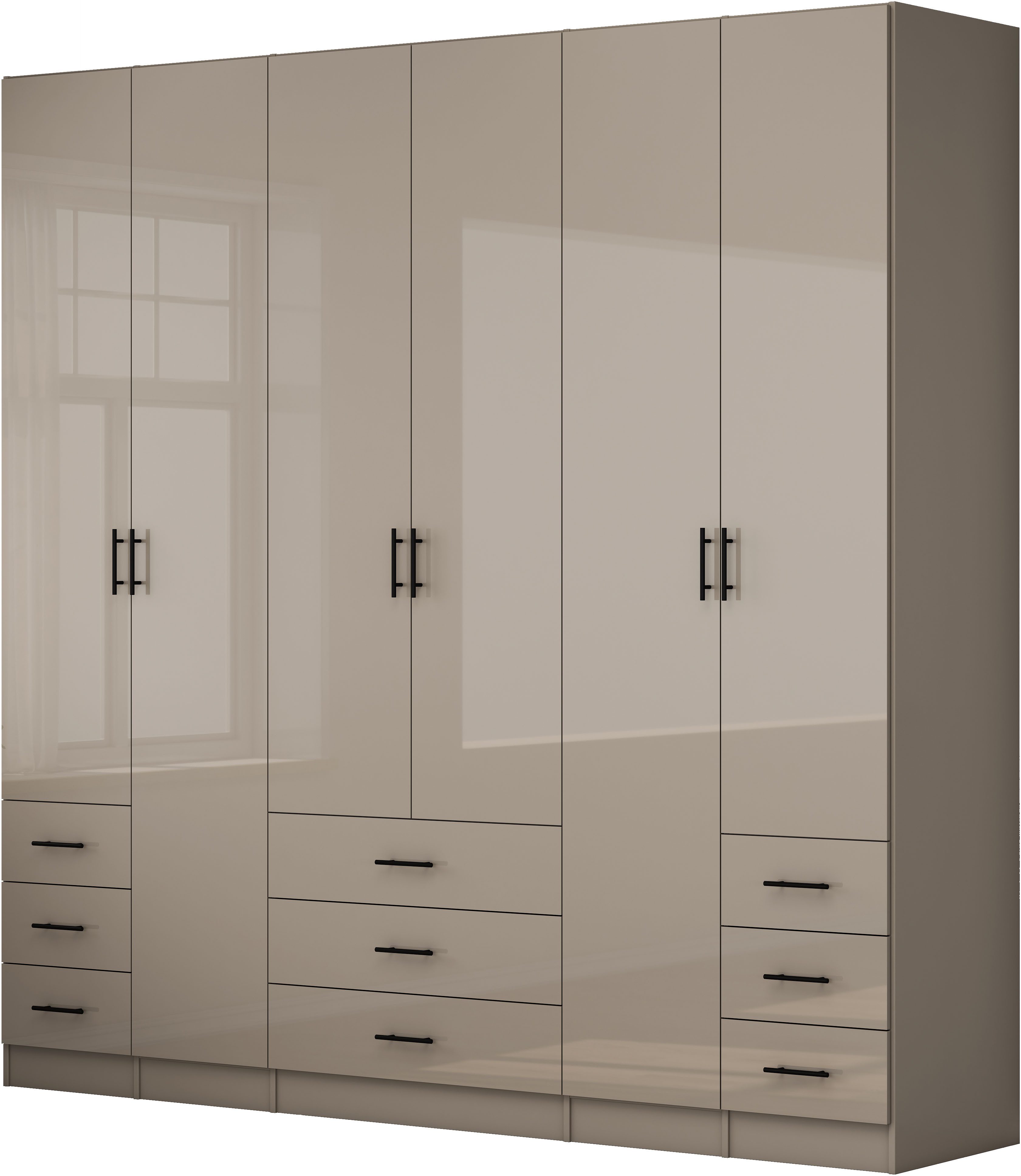 OTTO home Kleiderschrank Trento Schlafzimmerschrank Garderobe hochglanz (in 2 unterschiedlichen Schrankhöhen wählbar) Schrank mit 6 Türen und 9 Schubladen, Hochglanz-Fronten, 2,39m Höhe
