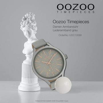 OOZOO Quarzuhr Oozoo Damen Armbanduhr grau Analog, (Analoguhr), Damenuhr rund, groß (ca. 44mm) Lederarmband, Fashion-Style
