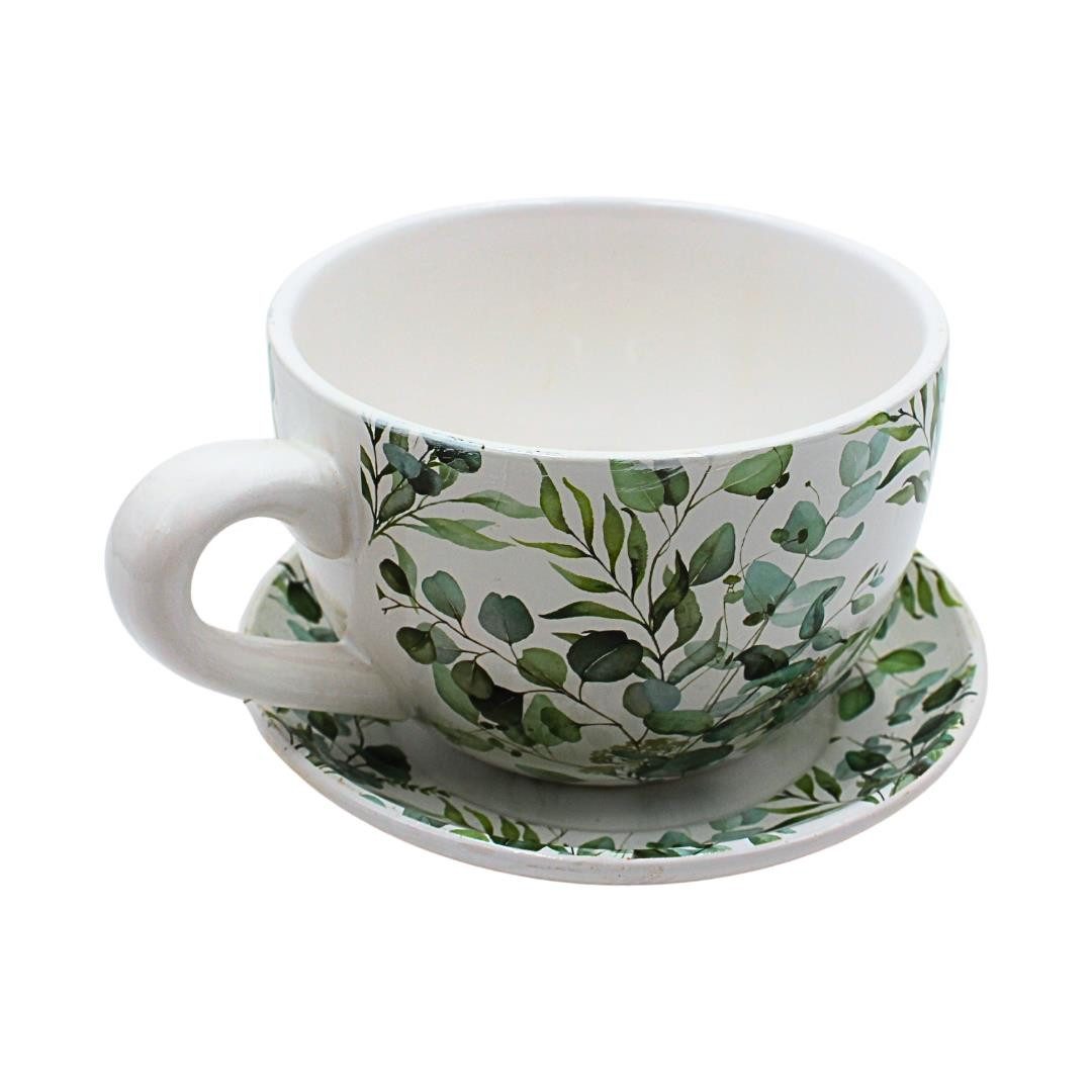 Dekohelden24 Pflanzkübel Pflanztassen in verschiedenen Varianten (1 St), Keramikübertopf in Form einer Tasse mit einzigartigem Rankenmuster