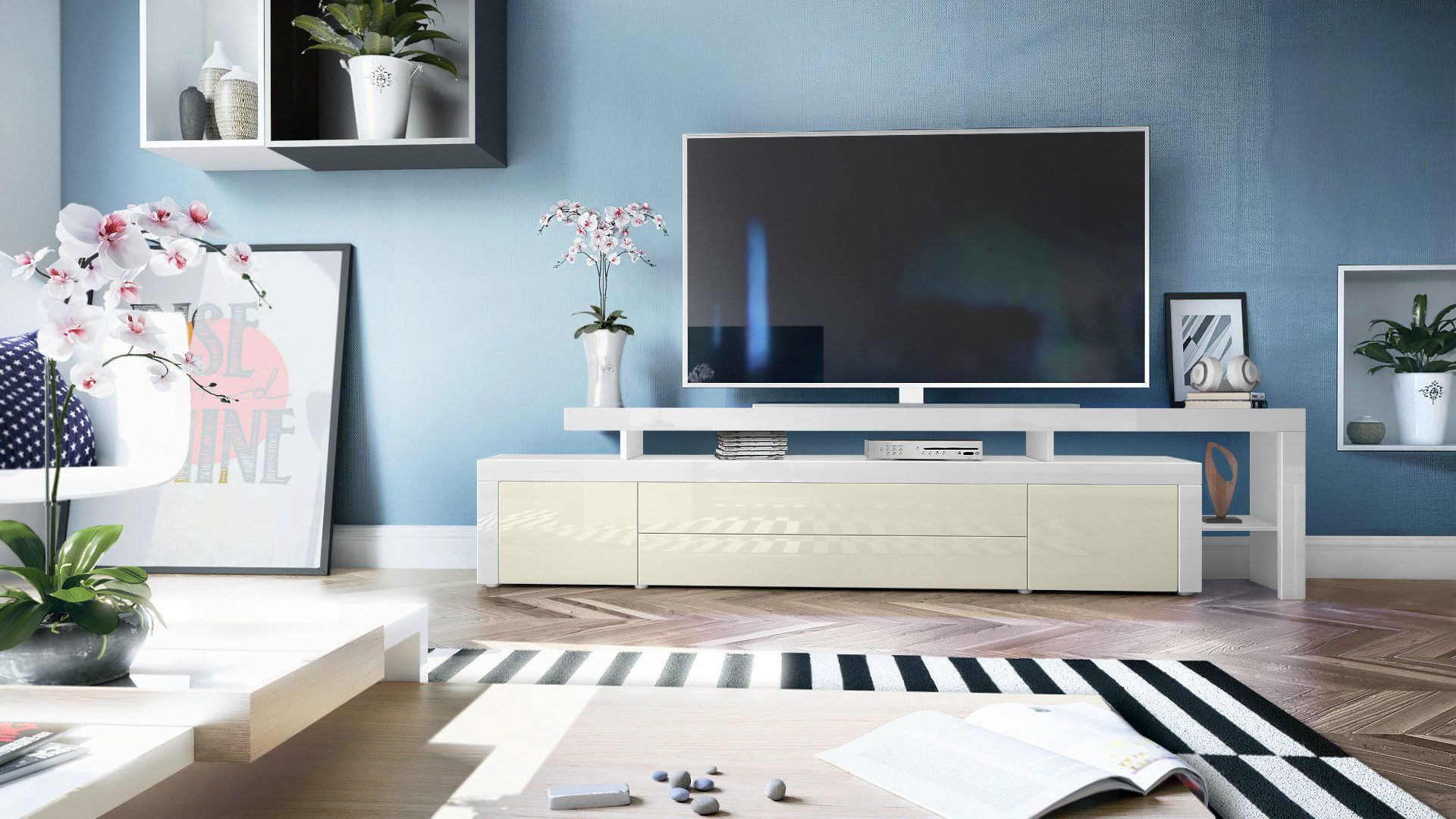 Vladon Lowboard Leon (TV-Kommode, mit zwei Türen, zwei Schubkästen und einem modernen Überbau), Weiß matt/Creme Hochglanz/Weiß Hochglanz (227 x 52 x 35 cm)