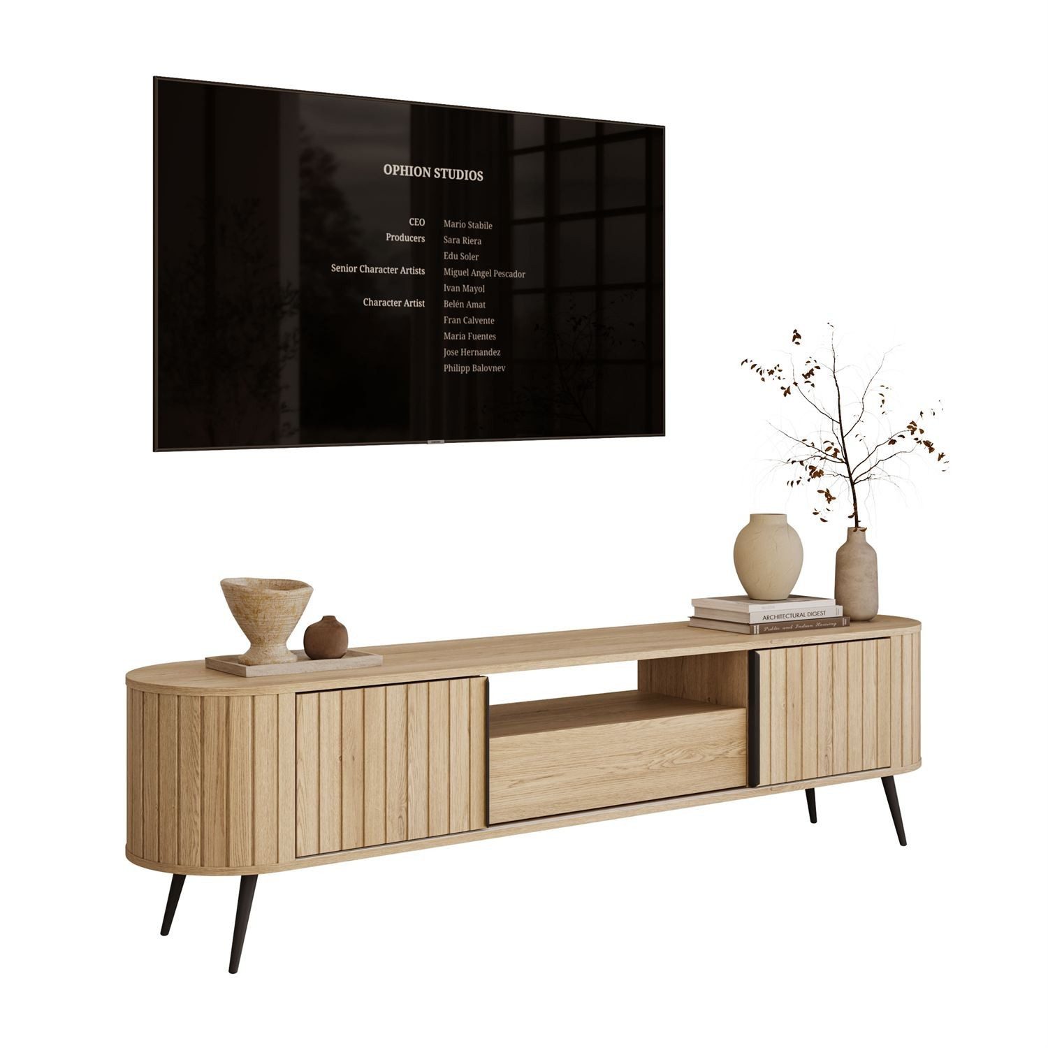 ALLHOUSE24 TV-Schrank HARMONIA 196 cm mit Schiebetüren Eiche Cremona Lowboard (1 TV Schrank) 196 cm