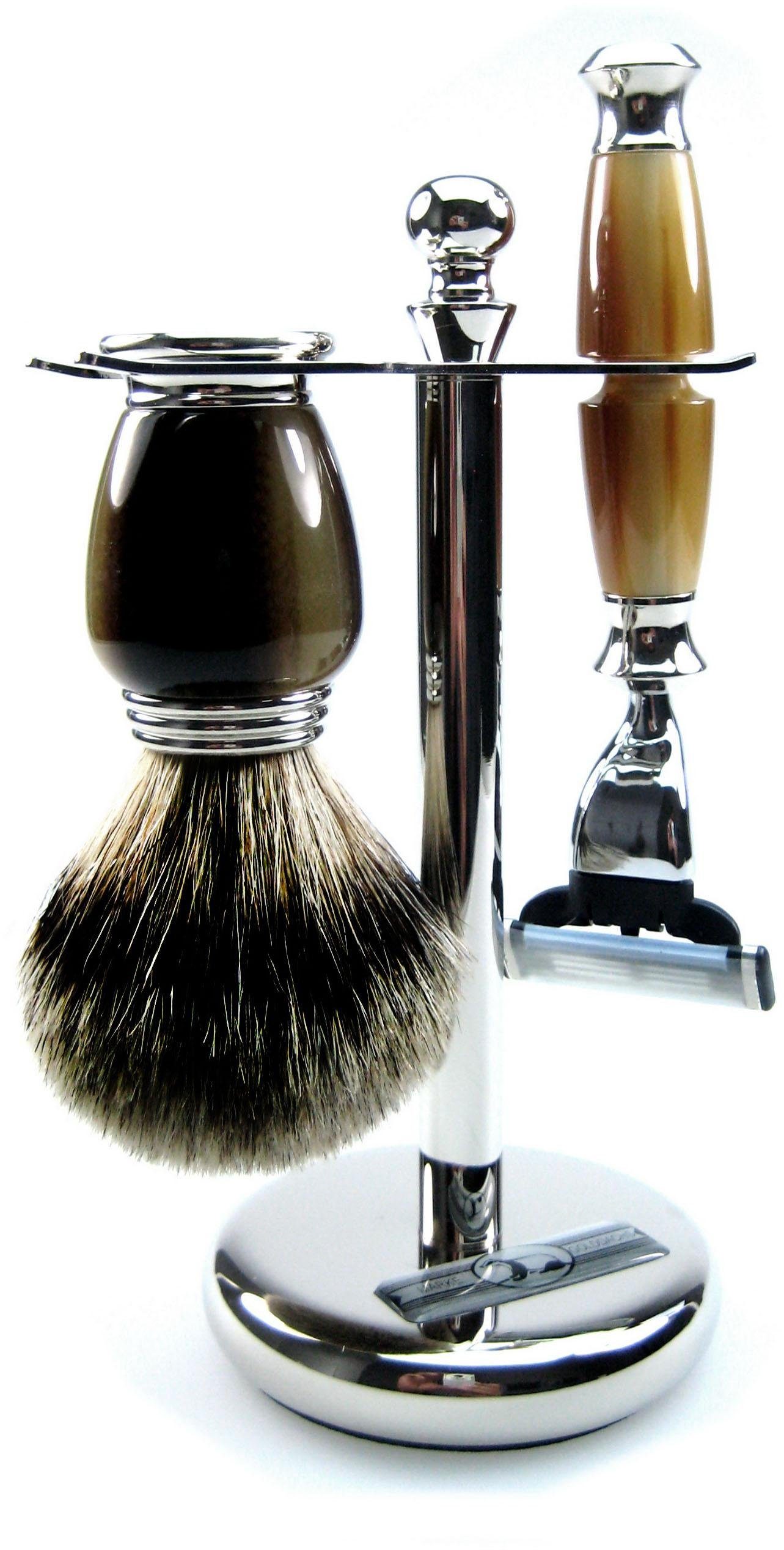 Golddachs Rasierset Galalith Rasierset, 3-tlg., Mit Mach3 Rasierer und Кисточки aus Galalith.
