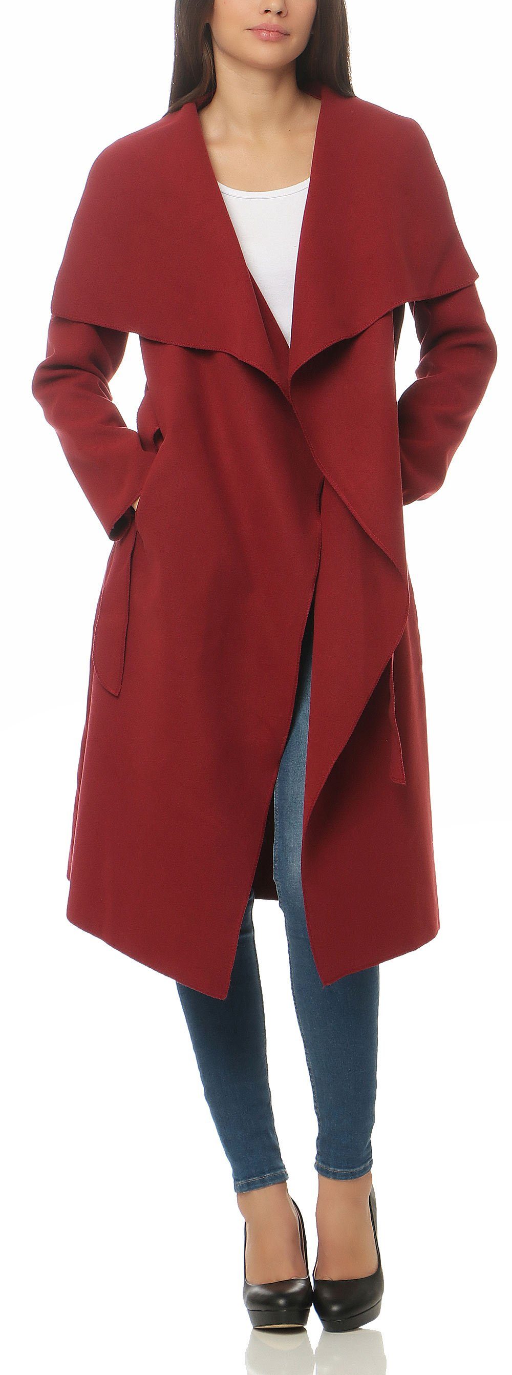 malito more than fashion Langmantel malito Damen Mantel lang mit Wasserfall-Schnitt, Trenchcoat mit Gürte langer Mantel im Wasserfall-Schnitt mit Bindegürtel Einheitsgröße