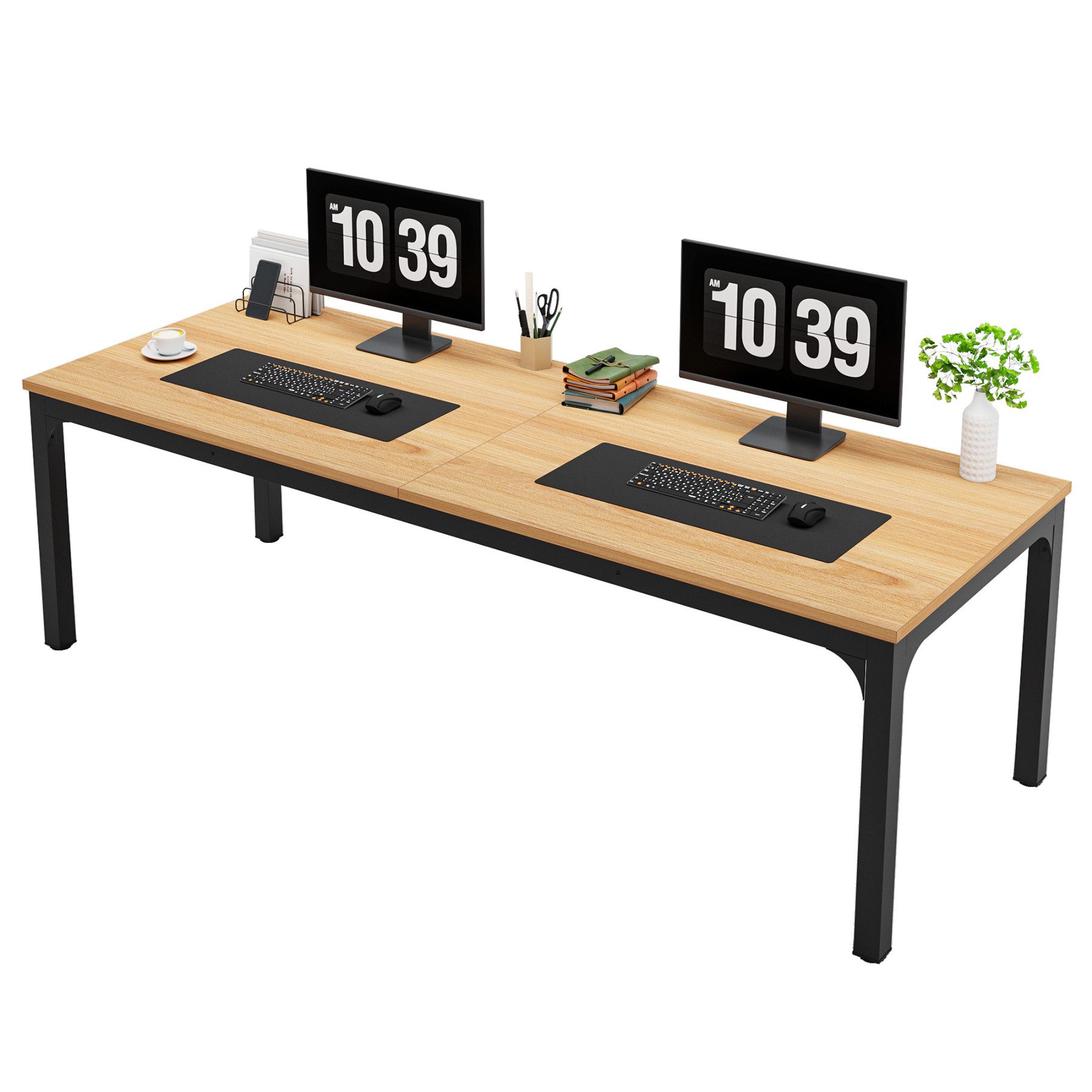 Tribesigns Computertisch 200x70x75cm, doppelter PC-Bürotisch, Braun/Weiß