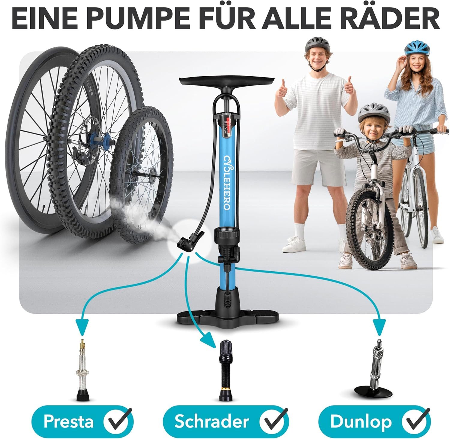 CYCLEHERO Standpumpe CYCLEHERO Fahrradpumpe Standpumpe, alle Ventile, mit Manometer - Blau, Klappmechanismus, Doppelpumpenkopf, Integriertes Manometer
