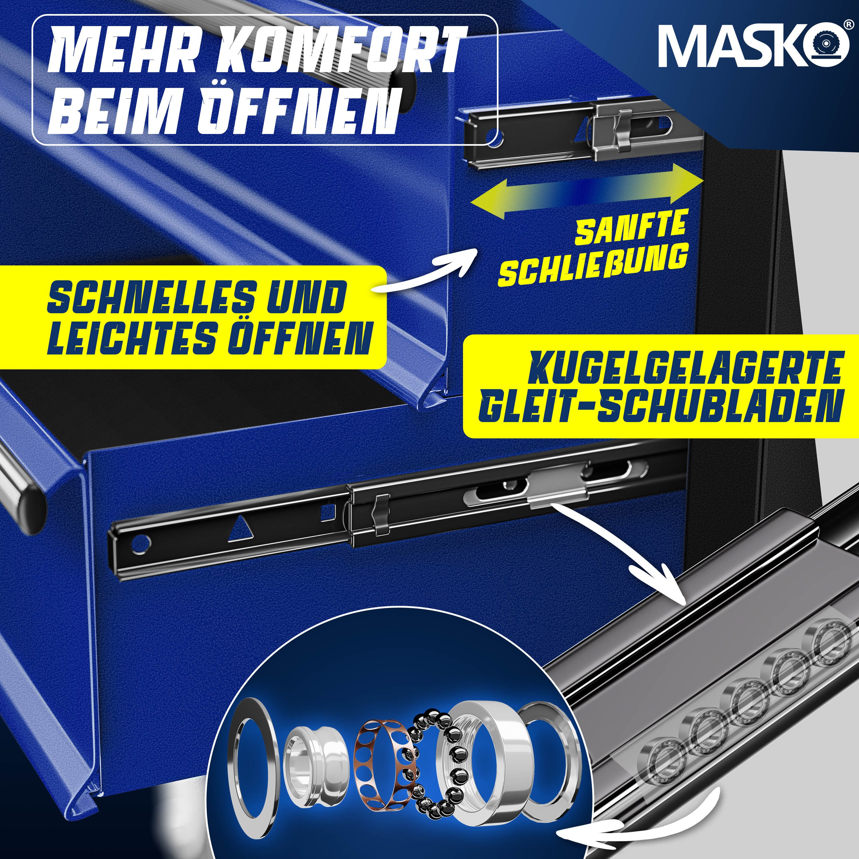 MASKO Werkstattwagen, blau, Werkzeugwagen inklusive Koffer 9 Fächer Abschließbar Metall Rollwagen