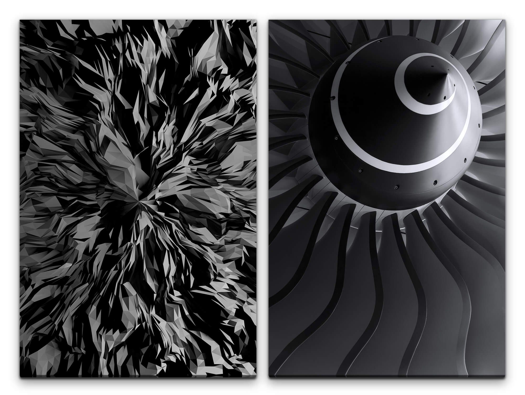 Sinus Art Leinwandbild 2 Bilder je 60x90cm Turbine Abstrakt Fotokunst Schwaz Weiß Technik Flugzeug Modern