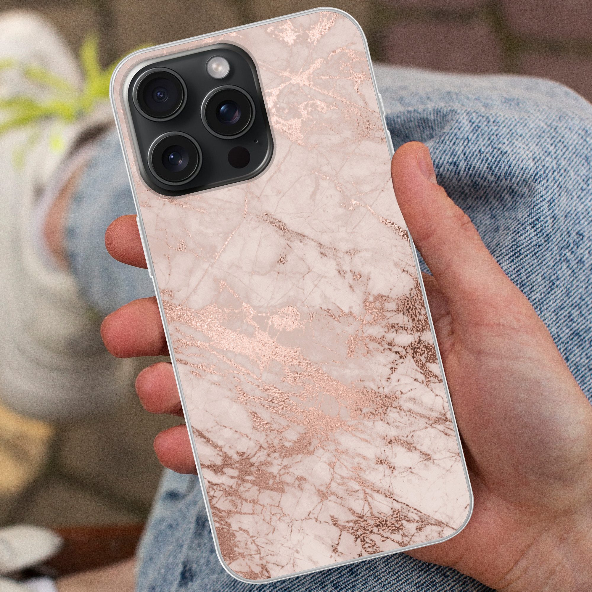 MuchoWow Handyhülle für Apple iPhone 15 Pro Max Marmor - Rosa - Luxus - Marmoroptik - Glit, Smartphone-Bumper, Print, Handy Schutzhülle Dünn