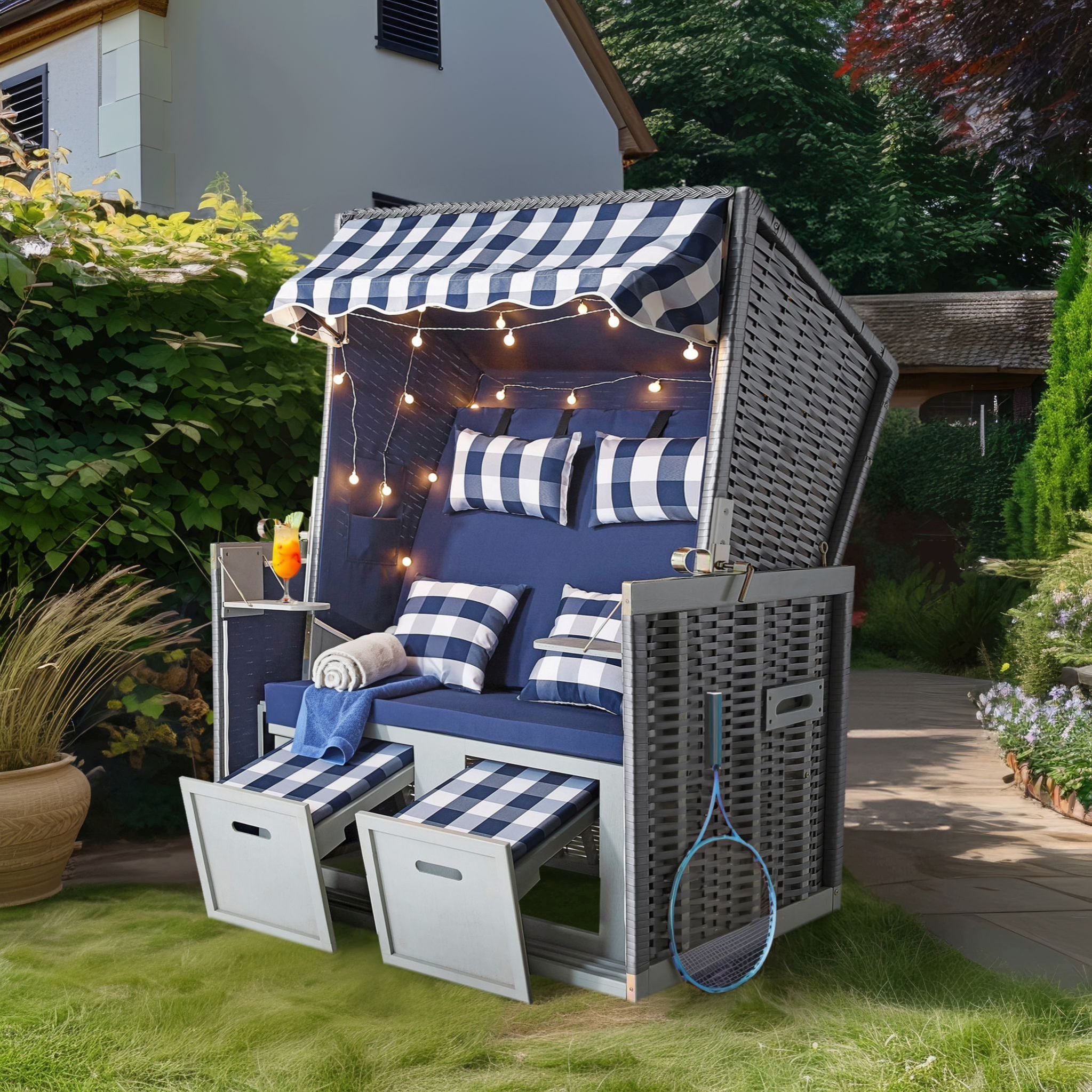 Wohnando Strandkorb Strandkorb "Anker", 108x72x160cm (BxTxH), (1-tlg), 2-Sitzer, mit maritimen Design und LED-Beleuchtung