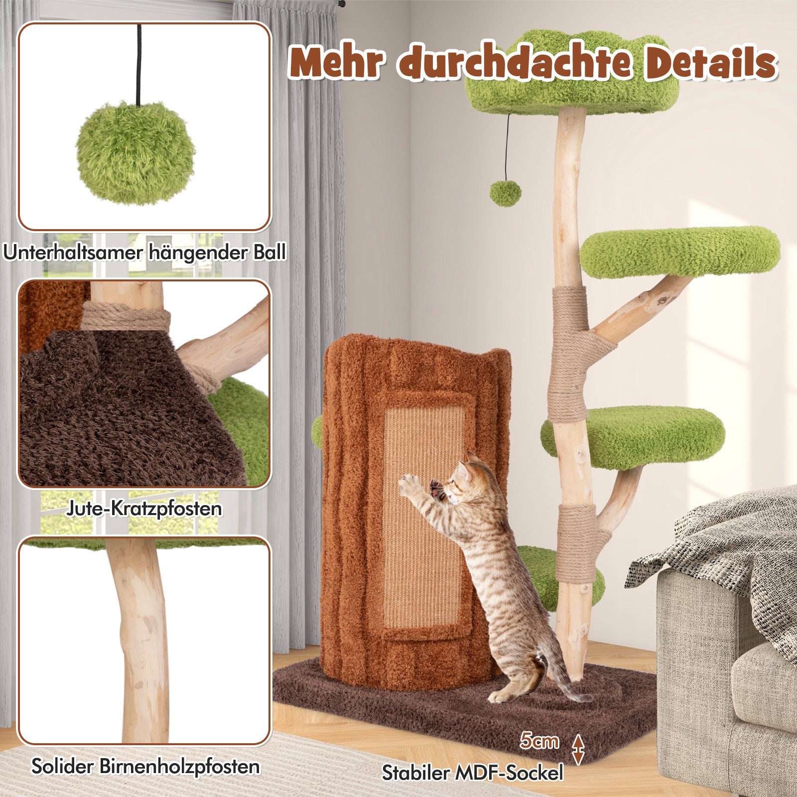 KOMFOTTEU Kratzbaum, Katzenturm mit Jutesäule, Sisalplatte, 80 x 50 x 141cm