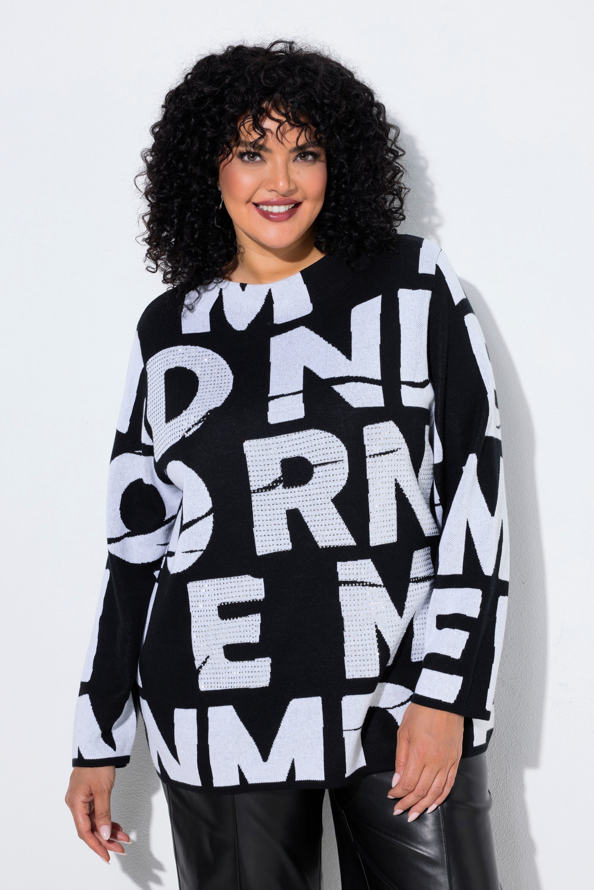Ulla Popken Strickpullover Pullover Buchstaben Oversized Stehkragen Langarm