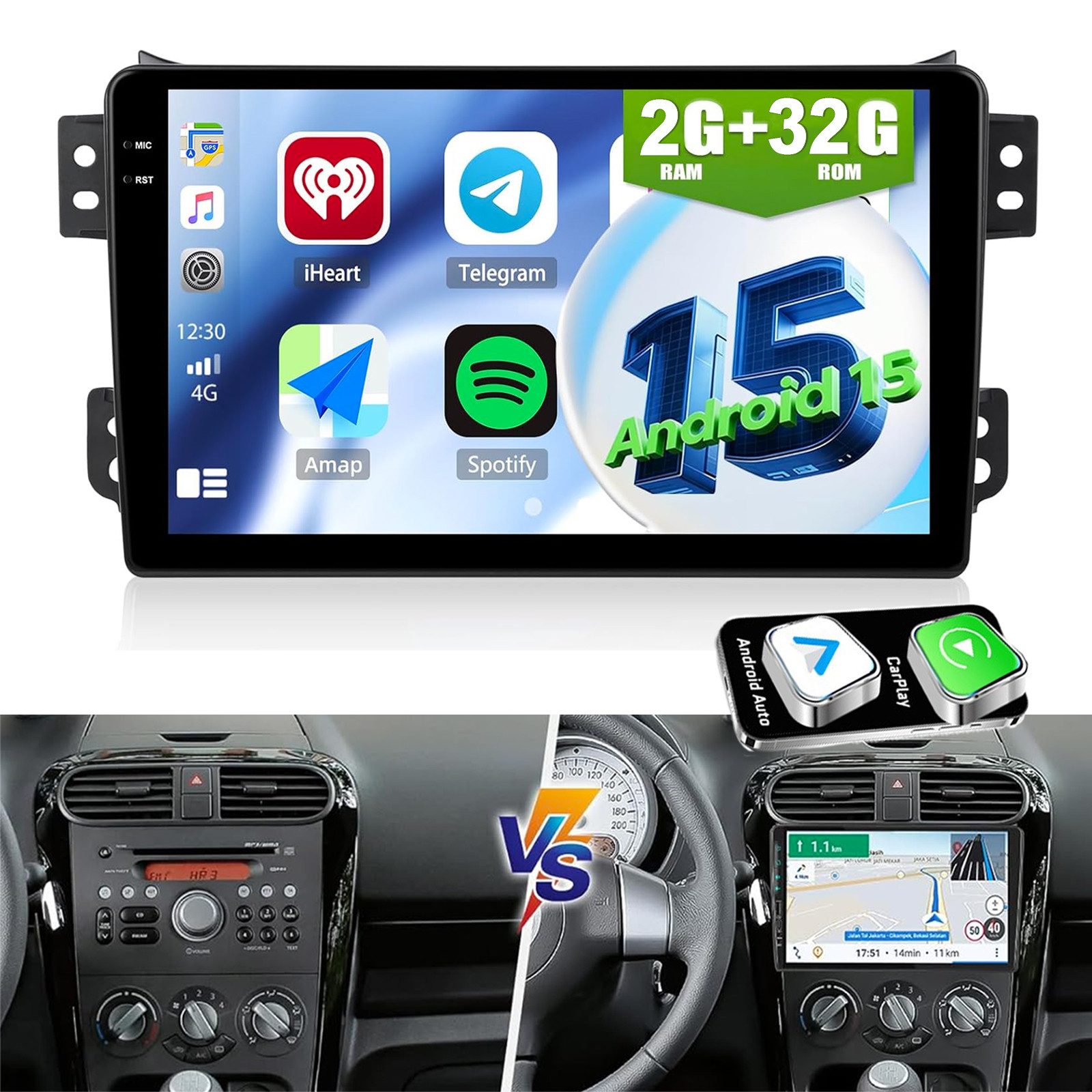 ESSGOO CarPlay 128G Für Opel Agila B 04-14 Suzuki Splash Autoradio Android 15 Autoradio (DAB+ (optional), AM, FM, RDS, 4+64GB(optional)