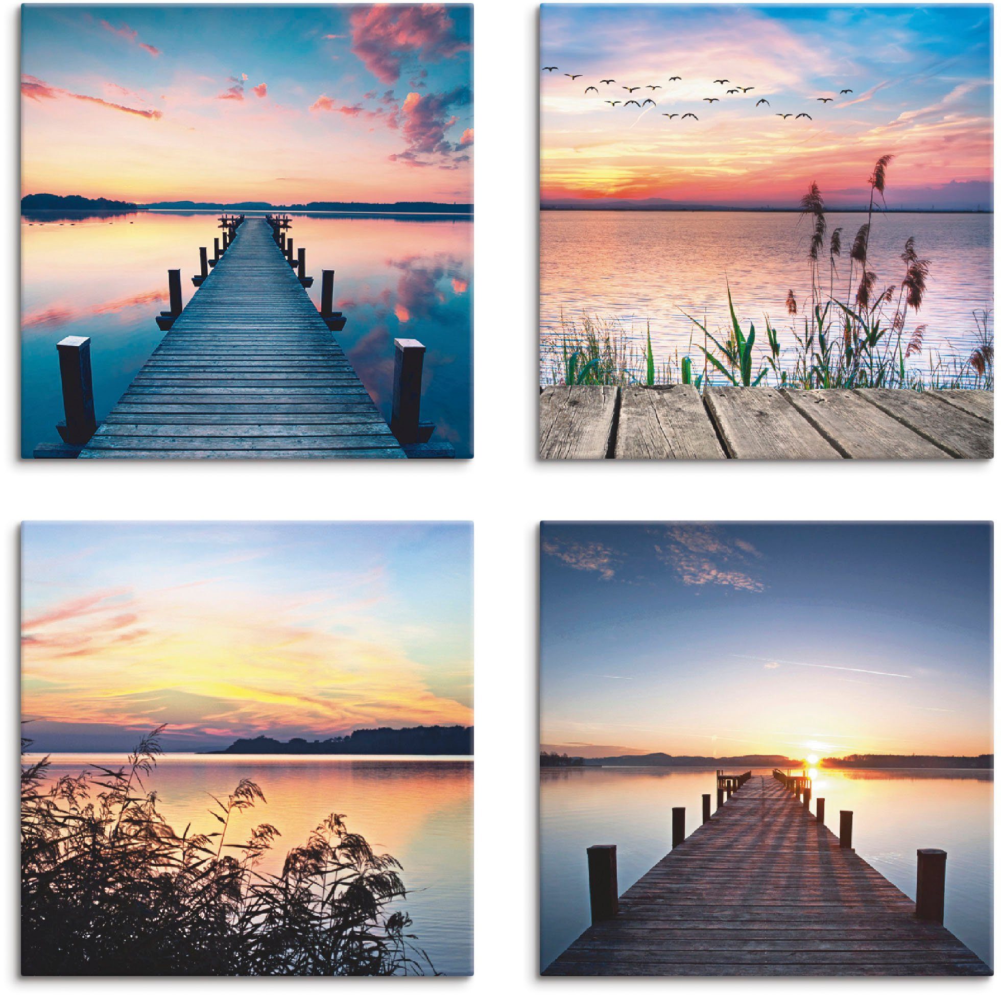 Abendrot Artland Sonnenstrahlen, Schilf See 4er Größen Set, St), Leinwandbild verschiedene Pier (4 Gewässer