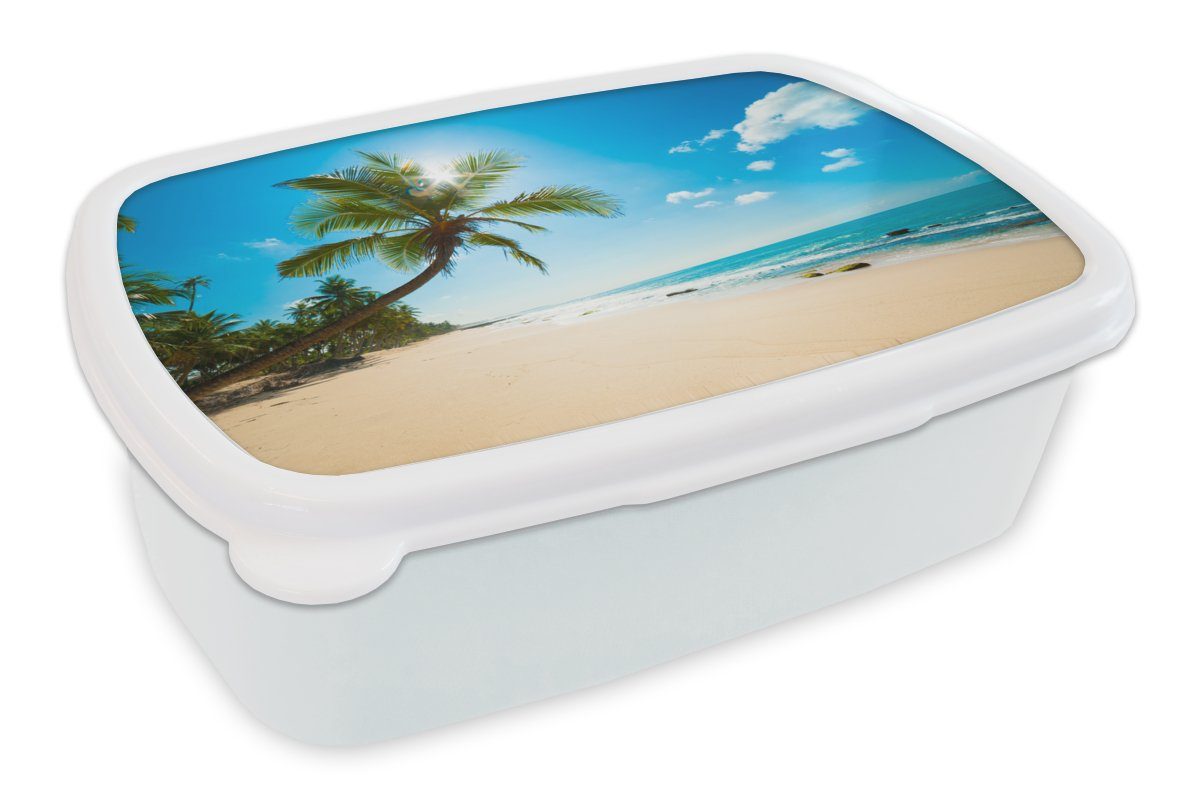 MuchoWow Lunchbox Strand - Meer - Sonne - Palme, Kunststoff, (2-tlg), Brotbox für Kinder und Erwachsene, Brotdose, für Jungs und Mädchen weiß