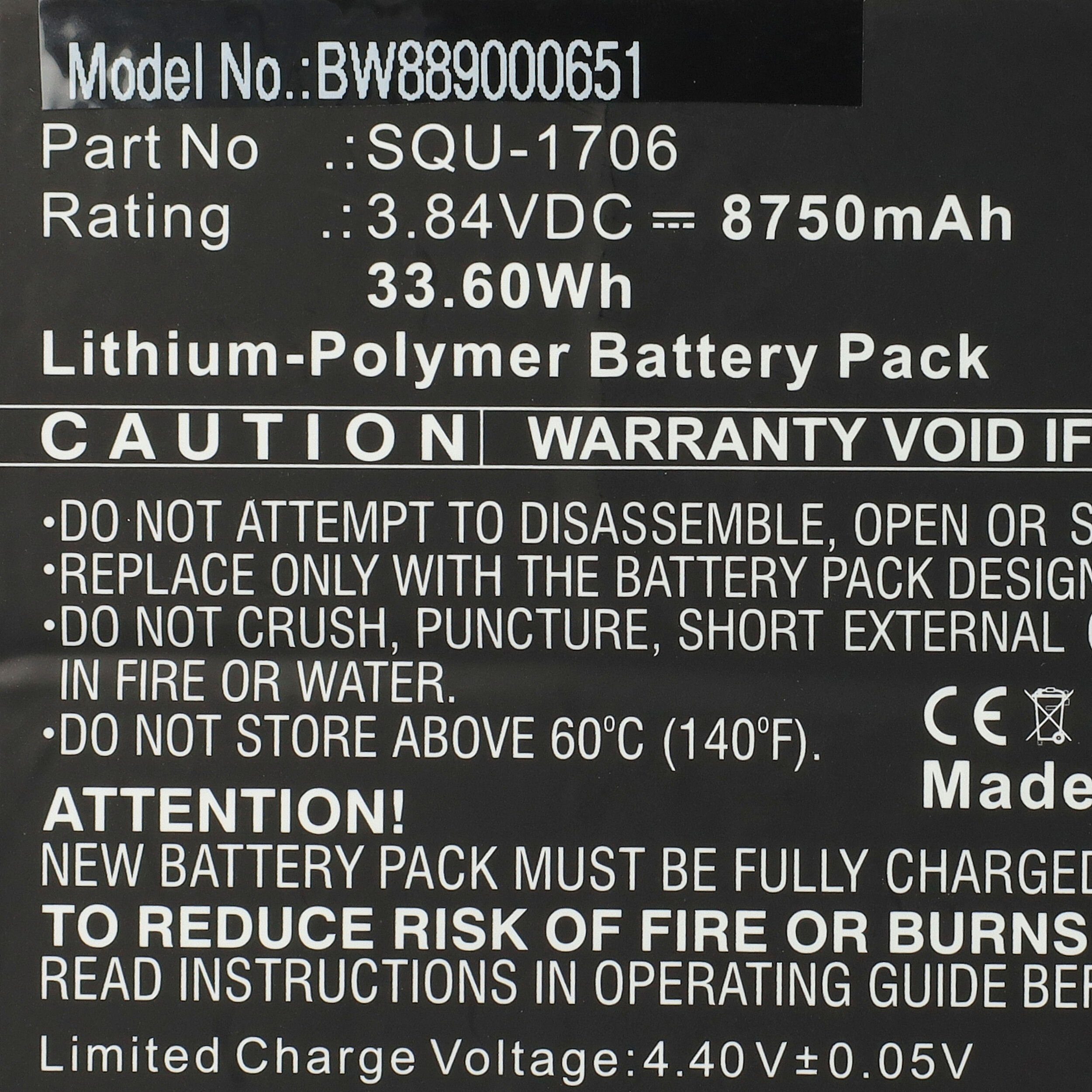 vhbw Ersatz für Acer mAh Li-Polymer V) SQU-1706, 8750 (3,84 für KT.00201.004 Tablet-Akku