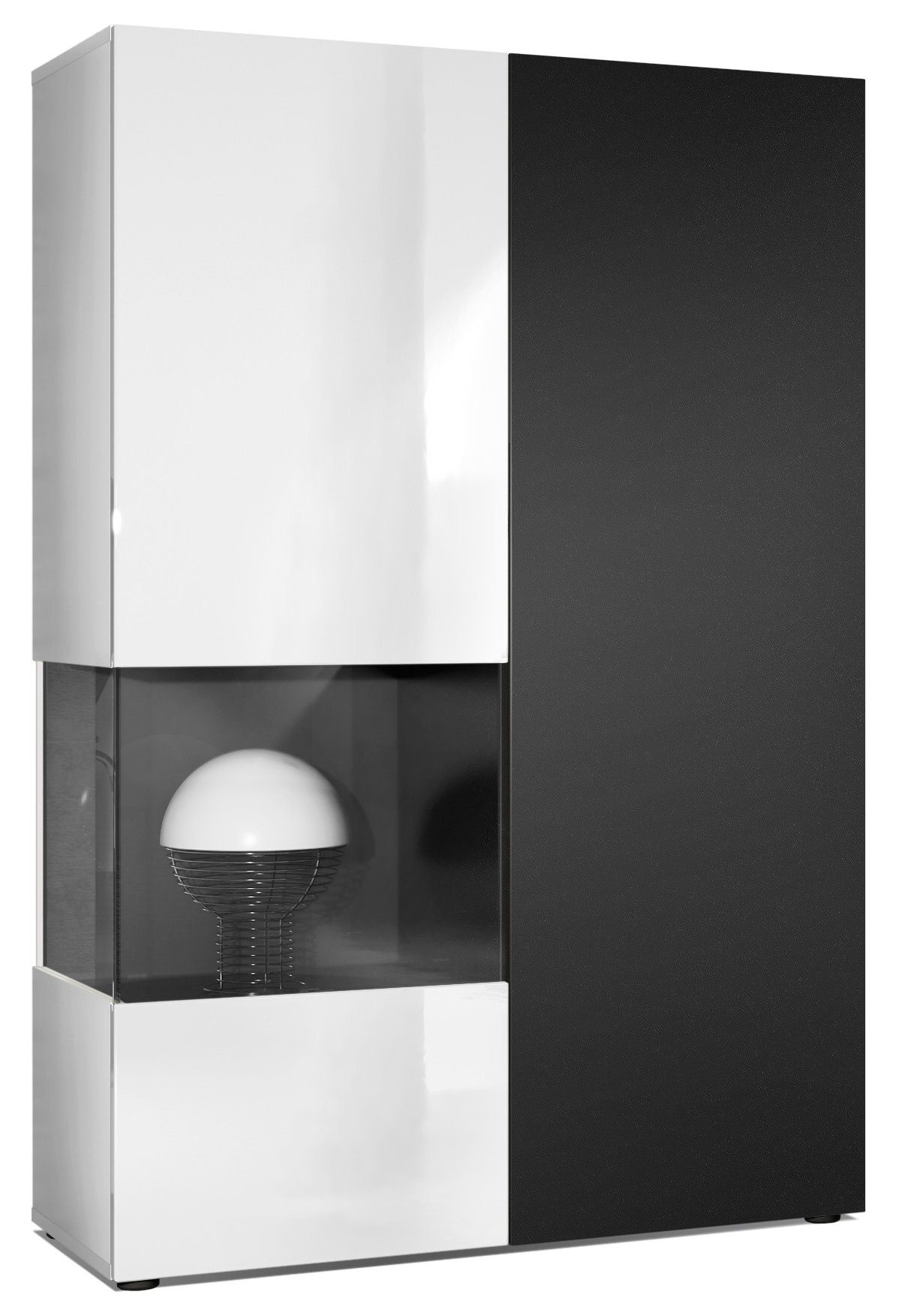 Vladon Standvitrine Morena (Standvitrine, mit 2 Türen dahinter ingesamt 7 Fächer) Weiß matt/Weiß Hochglanz/Schwarz matt (92 x 135 x 37 cm)