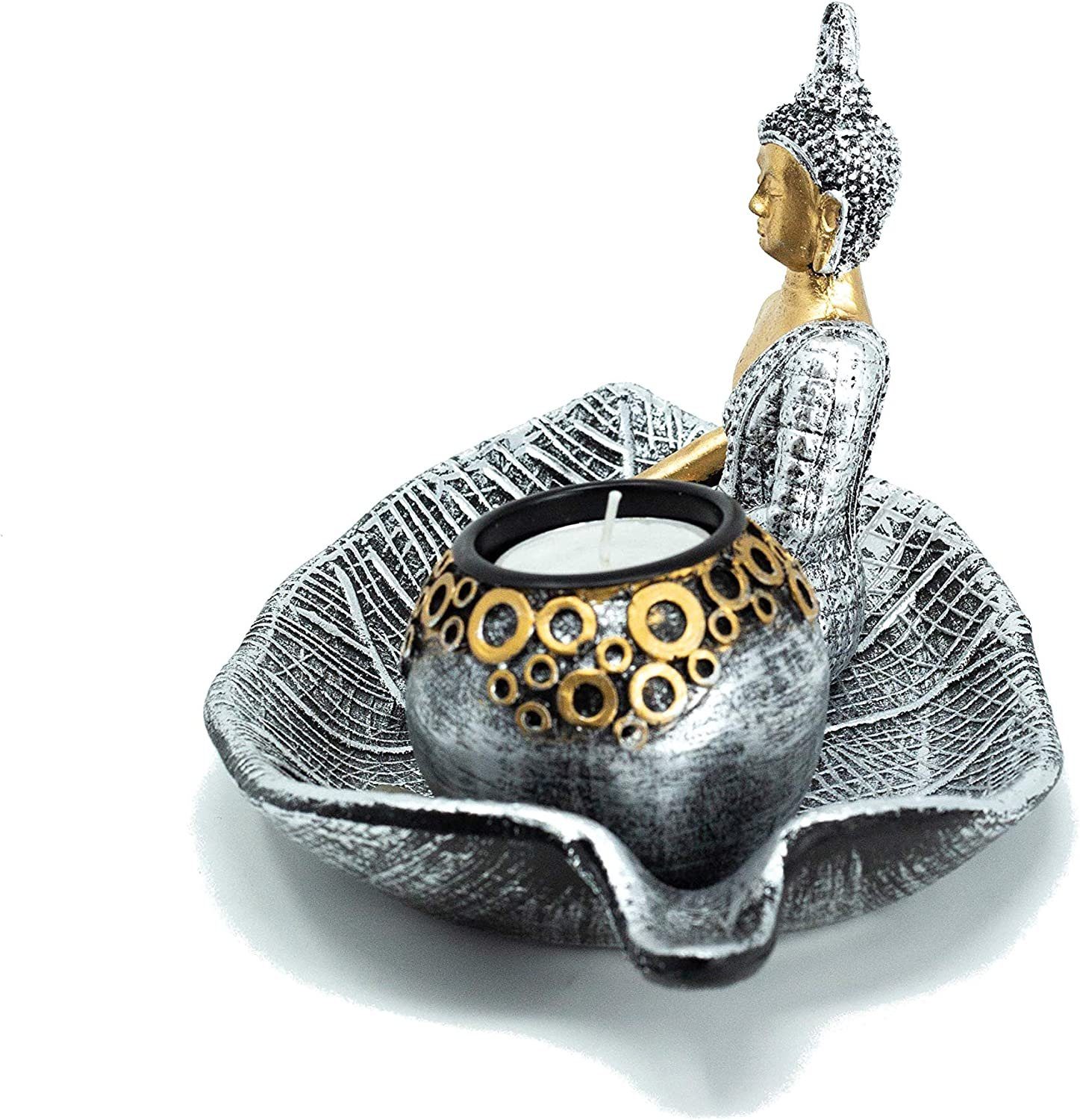 MF Buddhafigur Set in Buddha mit Schale Blattform Elegantes Teelichthalter