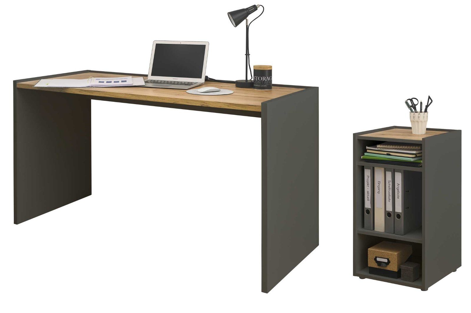 inklusive Wotan Container Schreibtisch Center grau mit matt Eiche, (in Set 2-teilig), Furn.Design