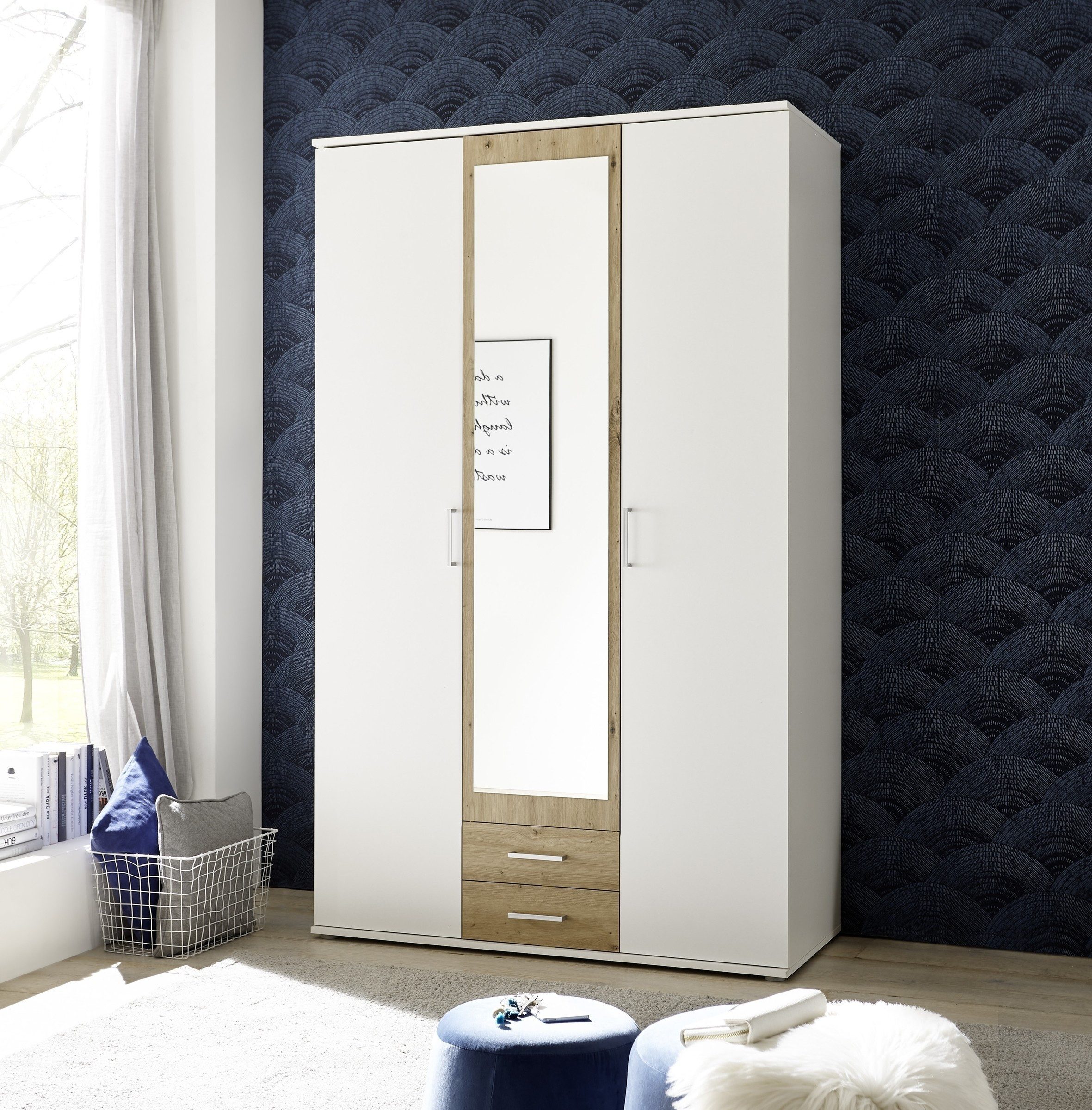 möbelando Kleiderschrank in Weiß / Artisan Eiche mit 2 Schubladen und 3 Türen (BxHxT: 120x196x54 cm)