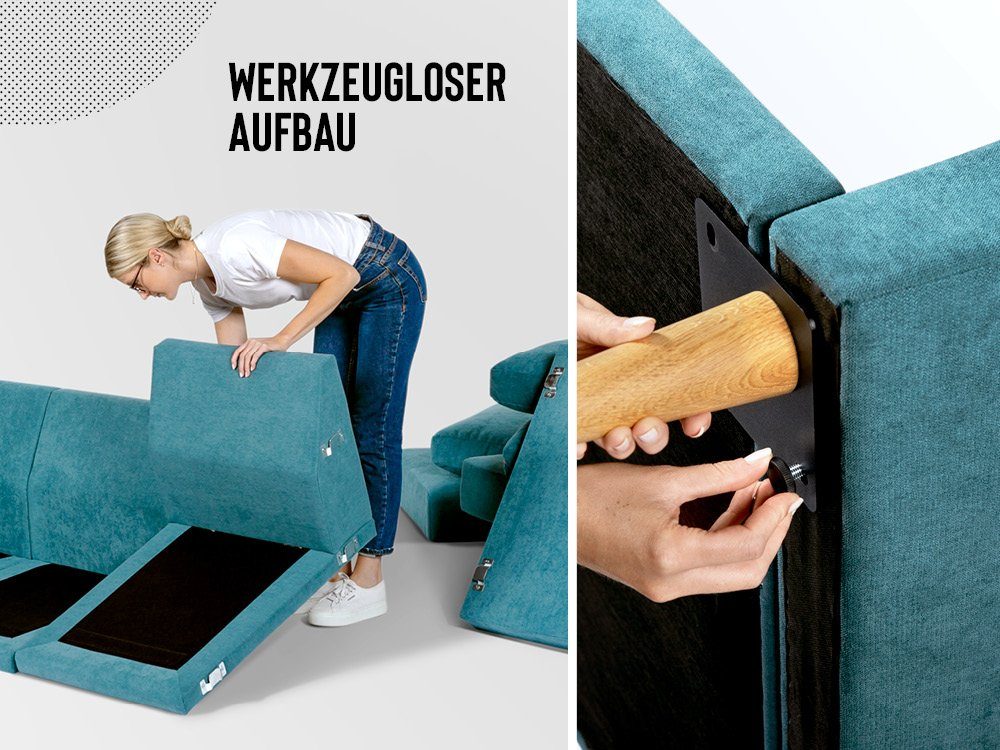 KAUTSCH.com Sessel LOTTA Sofa, zerlegbares in made erweiterbar, Kaltschaum, Europe modular grau-blau System, hochwertiger Wellenfederung
