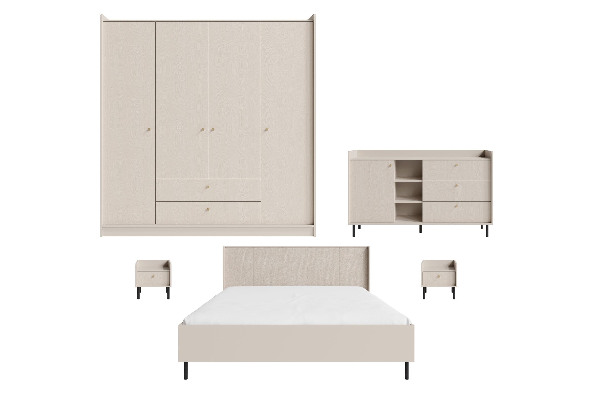 Deine Möbel 24 Schlafzimmer-Set GEORGIA B 5-teilig in Sandbeige, (Set, 5-tlg., Kleiderschrank, Kommode, Bett, 2x Nachttisch), Bett mit Bettkasten, großer Schrank, Kommode, 2 Nachttische