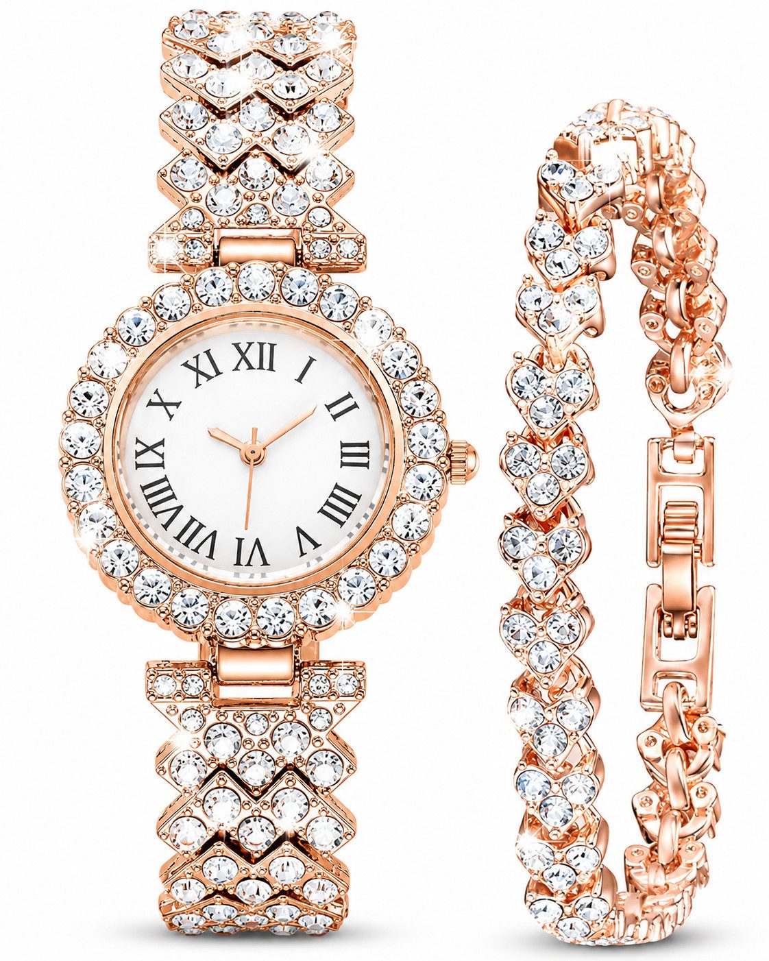 VEKROBOT Quarzuhr Elegantes Damenuhren Set mit künstlichen Diamanten Quarzuhr Modisch, (1-tlg), Funkelnde künstliche Diamanten Armbanduhr