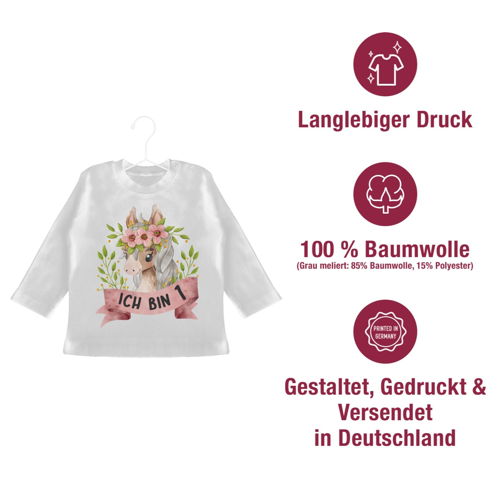 Shirtracer T-Shirt Ich bin eins mit süßem Pferd mit Blumen 1. Geburtstag