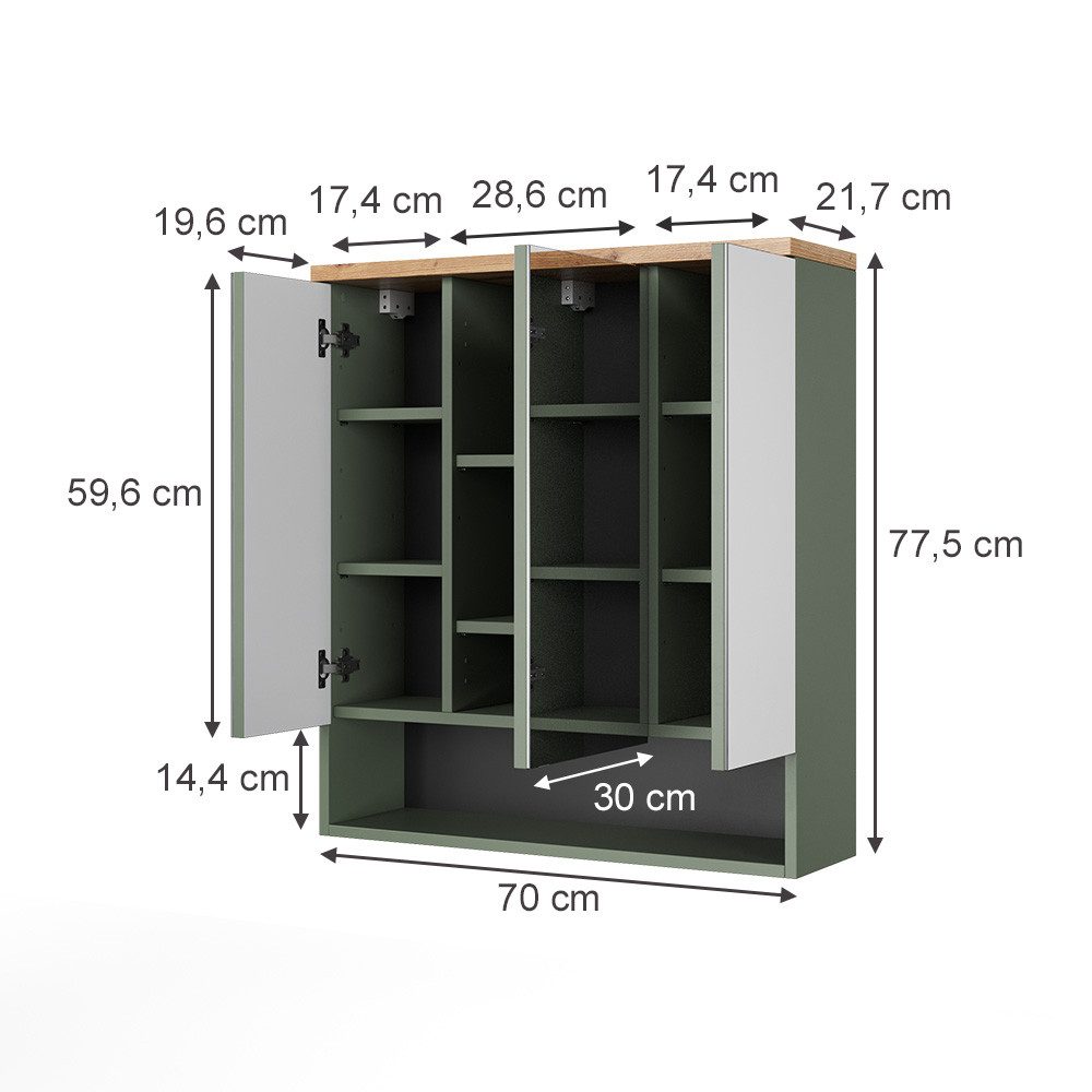 Vicco Badezimmerspiegelschrank Eden, Grün/Artisan, 70 x 77.5 cm mit 3 Spiegeltüren (1-St)