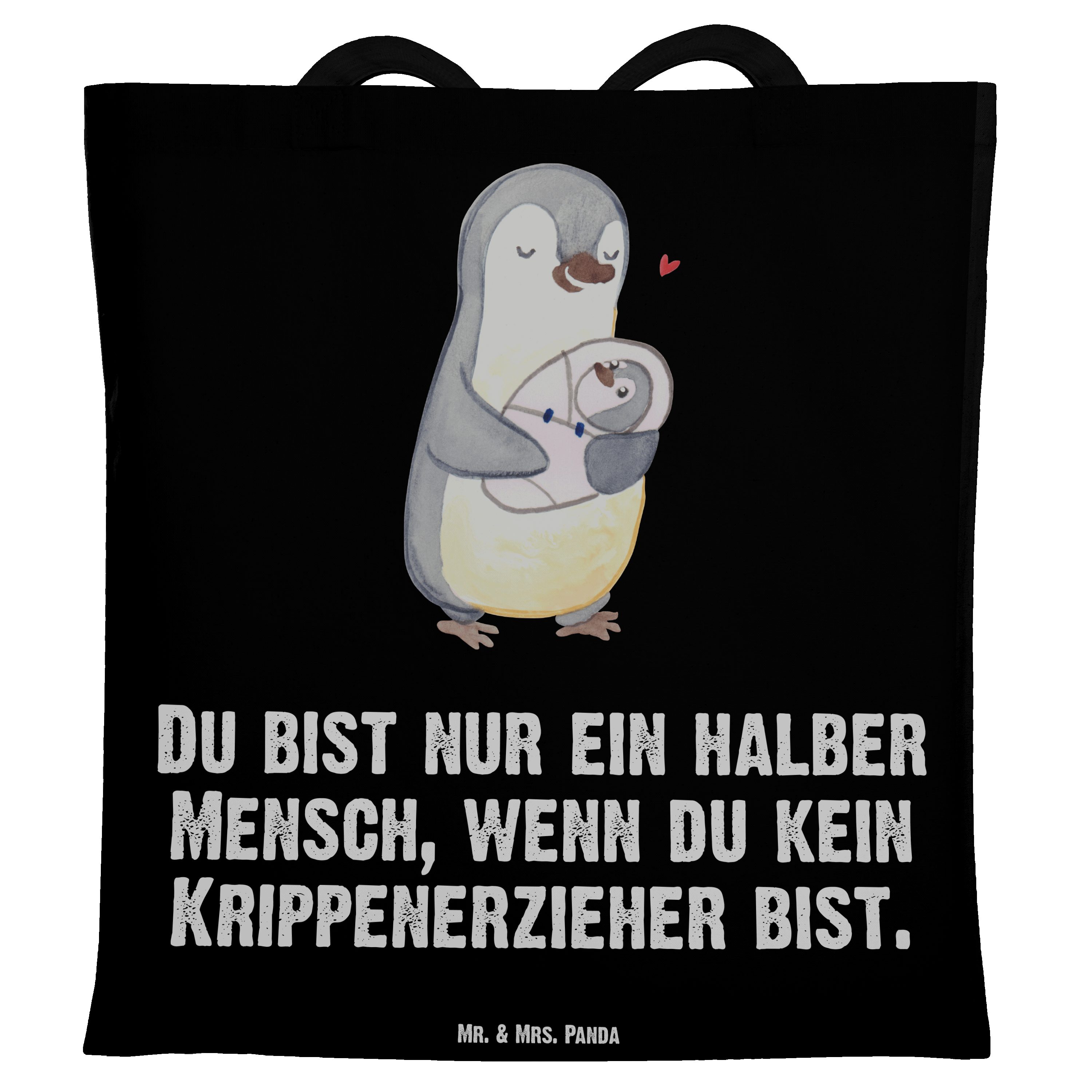 Mr. & Mrs. Panda Tragetasche Krippenerzieher mit Herz - Schwarz - Geschenk, Einkaufstasche, Kinder (1-tlg)
