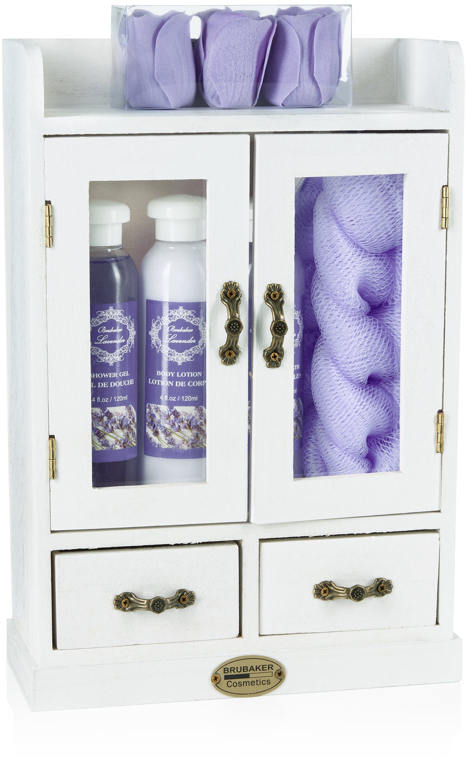 BRUBAKER Hautreinigungs-Set Bade- und Dusch Set, Badeset mit Lavendel Duft, Pflegeset, 10-tlg., Geschenkset im Vintage-Schränkchen für Frauen, reinigend und pflegend