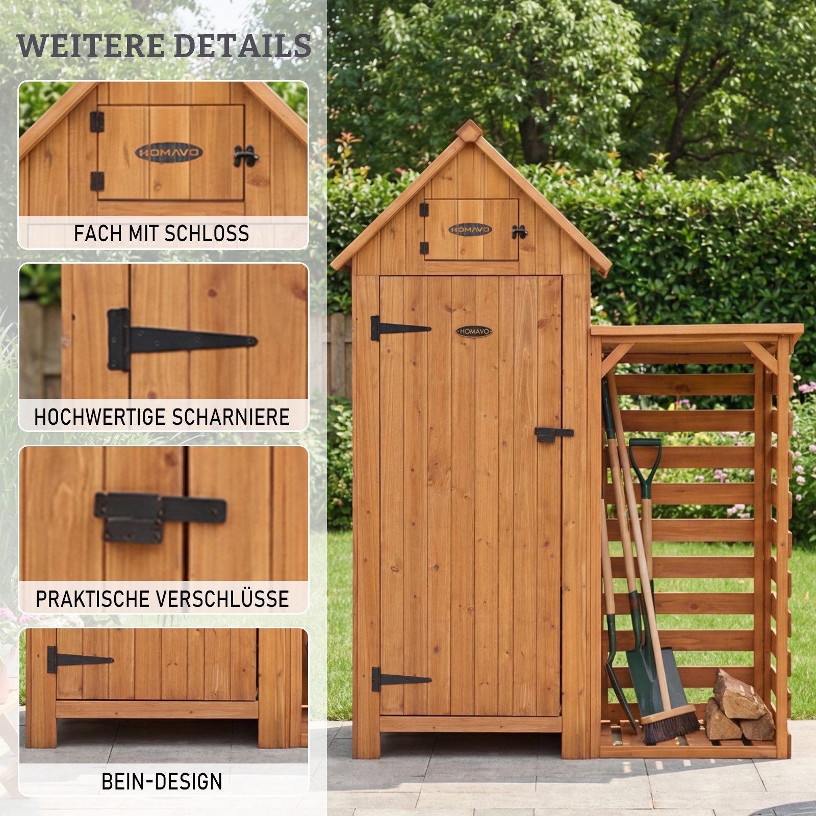HOMAVO Gerätehaus mit Kaminholzregal Gartenschrank Werkzeugschrank Geräteschuppen, Outdoor-Schrank, Satteldach, mit 3 Einlegeböden, 131 × 54.3 × 179 cm