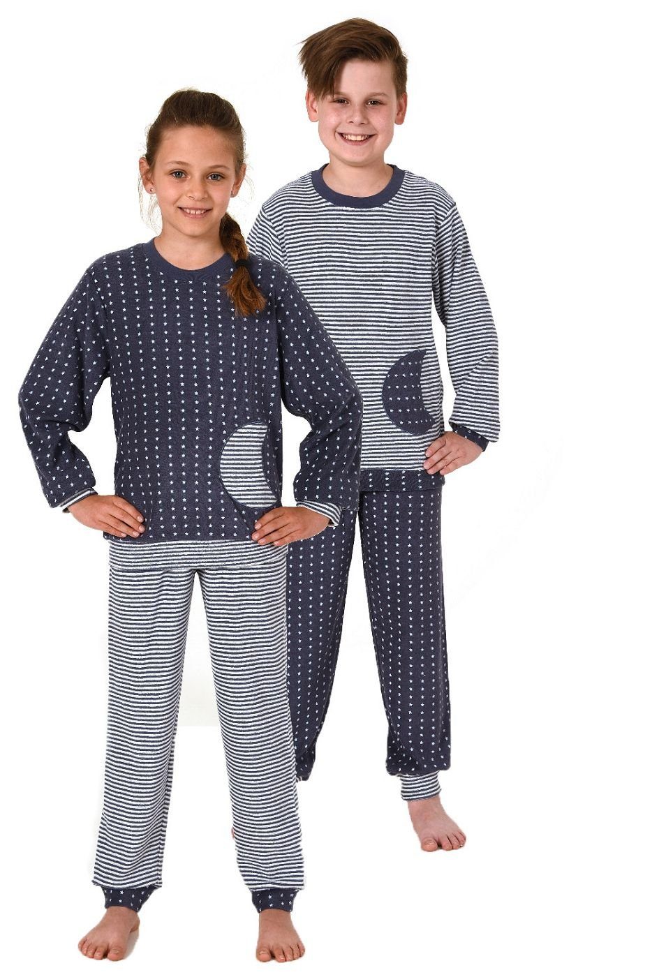 Pyjama Pyjama Bündchen, Frottee Normann warmer Mädchen Tupfen Schlafanzug in mit Ringeloptik