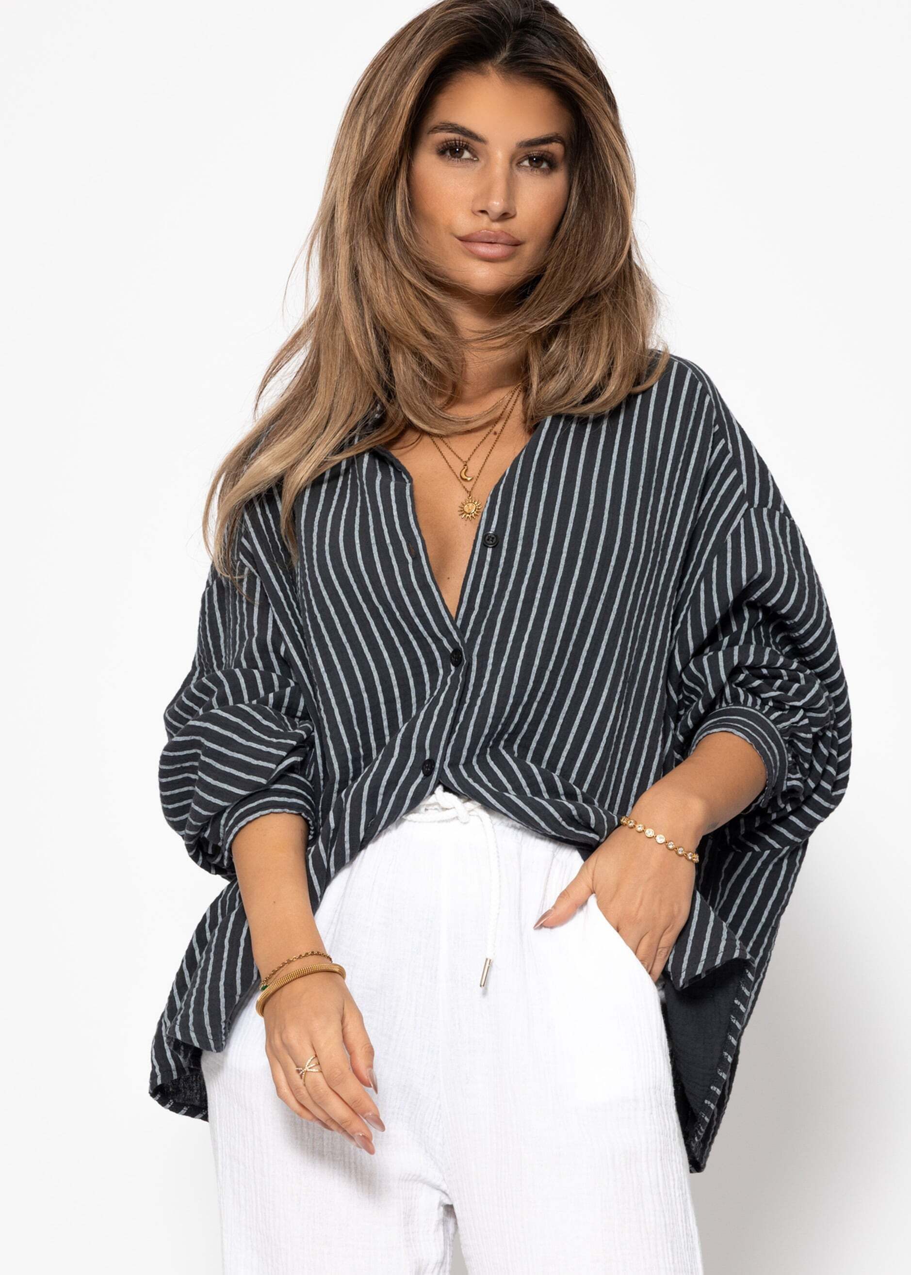SASSYCLASSY Longbluse Musselin Bluse mit hellen Streifen für Damen Baumwoll günstig online kaufen