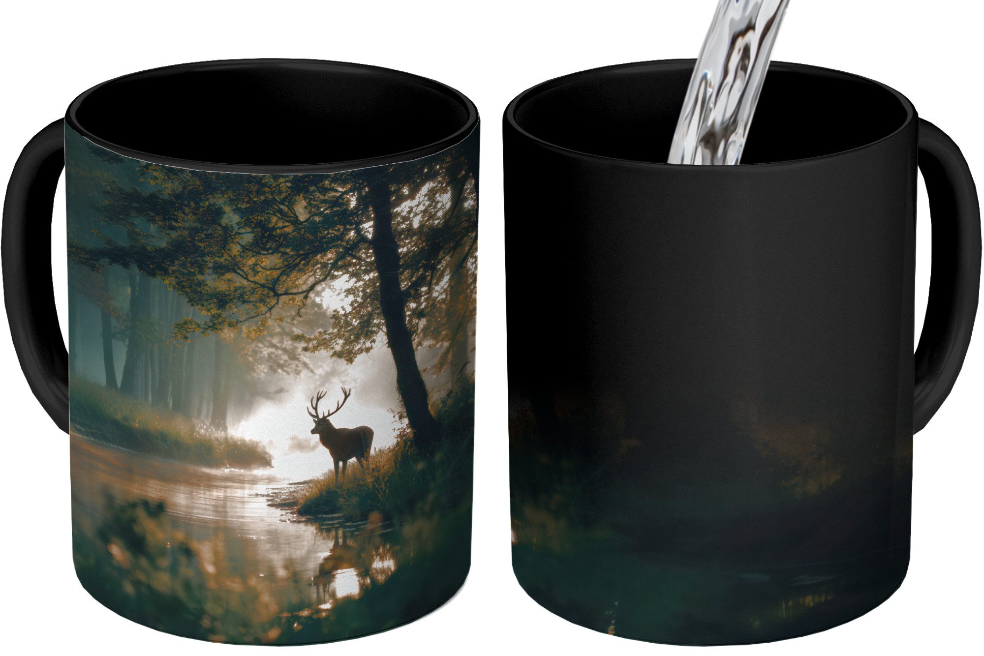 MuchoWow Tasse Hirsche - Waldbach - Mystisch, 1-tlg., Keramik, Farbwechsel, Kaffee Tassen, Teetasse, Zaubertasse, Geschenk