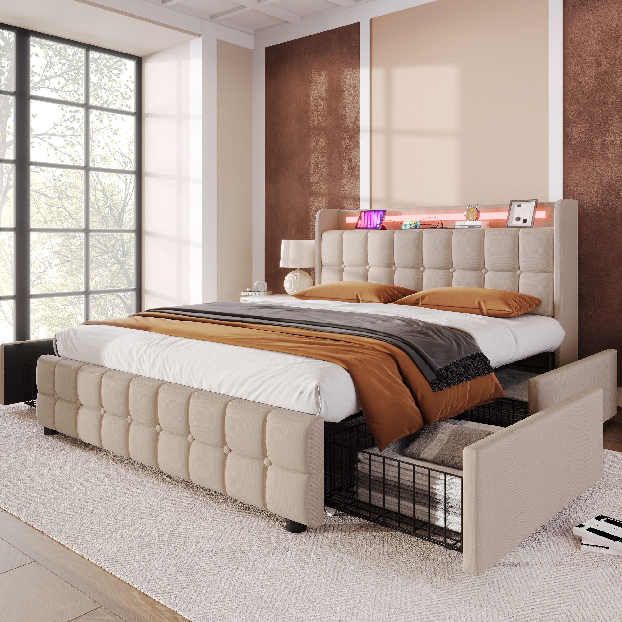 Polsterbett 140x200 Stauraumbett Bettgestell Jugendbett mit LED-Beleuchtung & USB