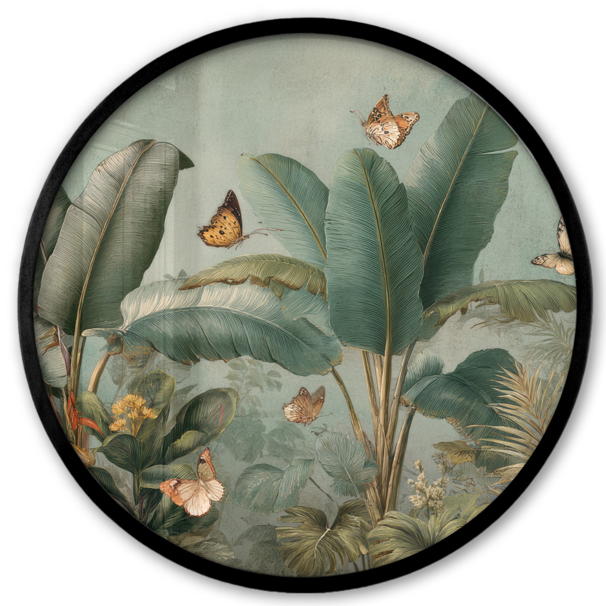 MuchoWow Poster Rund - Tropisches Blattwerk - Schmetterlinge - grün - braun, (1 St), Runde Wandbilder, Deko für Wohnzimmer und Schlafzimmer, 40x40 cm