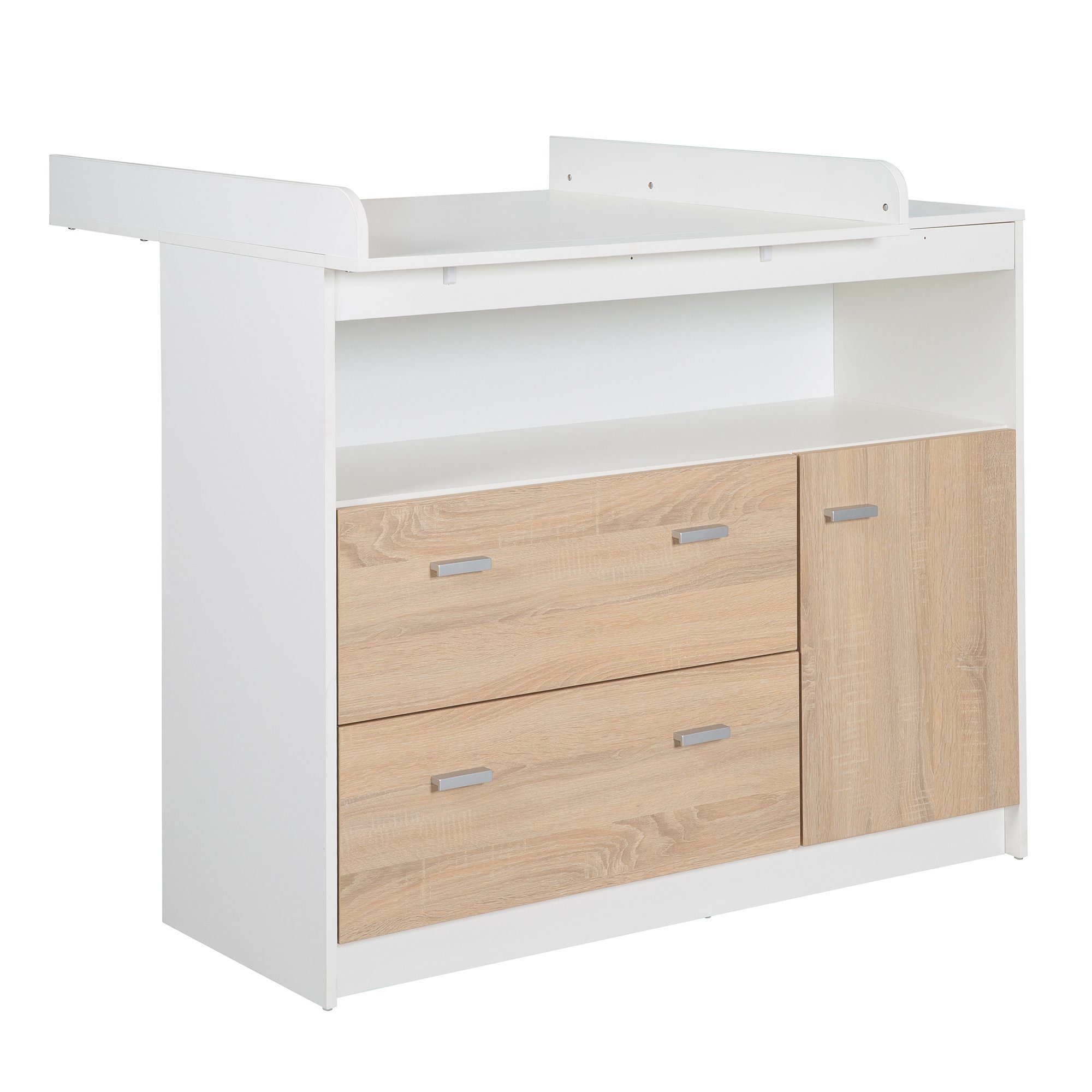 roba® Wickelkommode Gabriella - breite Wickelkommode aus Holz, Wickeltisch m. Wickelansatz, 2 Schubladen + 1 Tür, Weiß / Sonoma Eiche