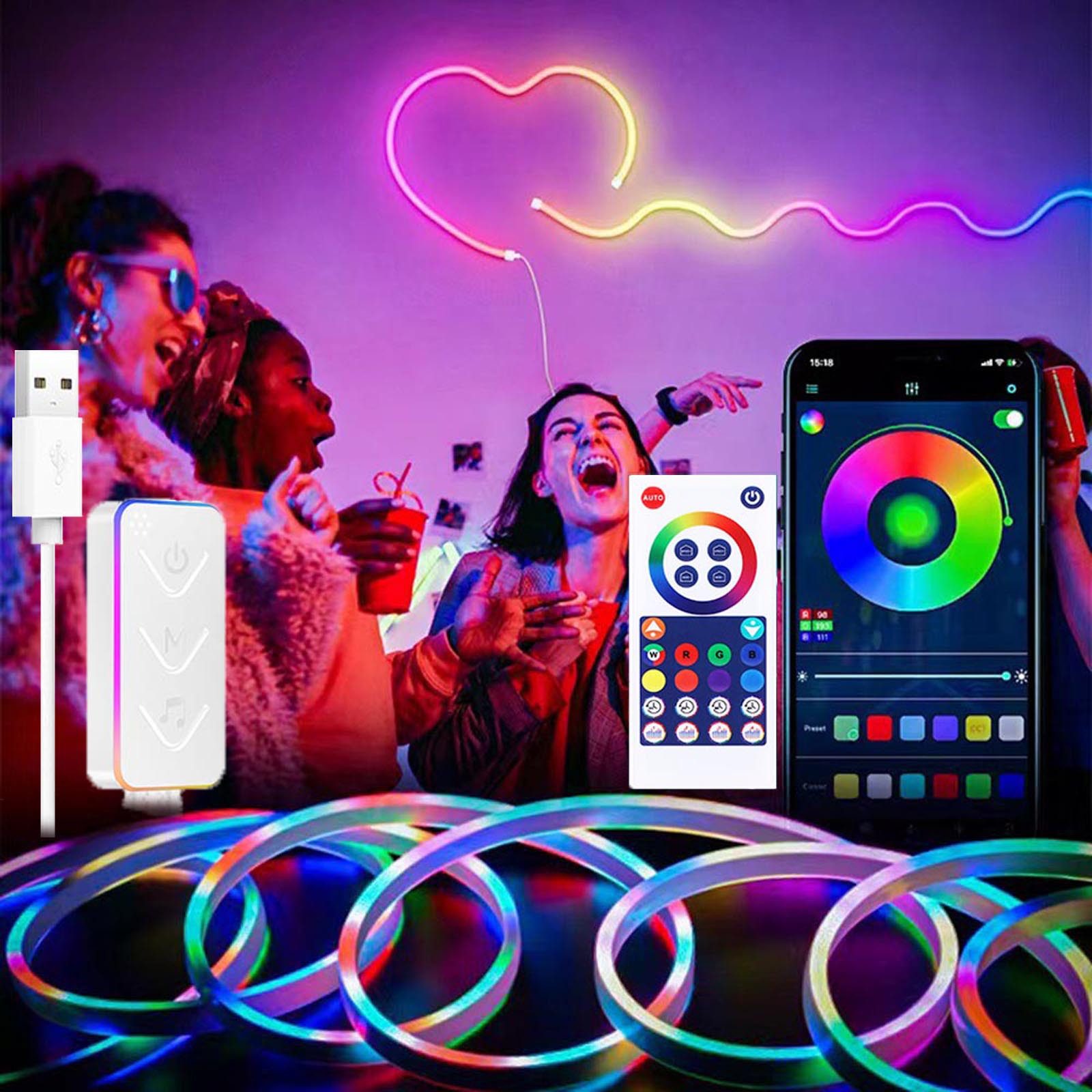 Neon-Lichterkette, 3 m Strip, RGB Neonlicht Streifen, Musiksynch Smarter LED-Lichtstreifen