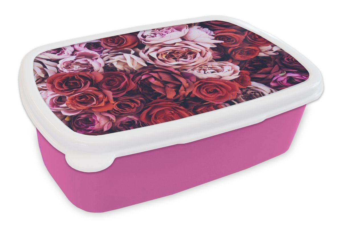 MuchoWow Lunchbox Rosen - Rot - Rosa, Kunststoff, (2-tlg), Brotbox für Erwachsene, Brotdose Kinder, Snackbox, Mädchen, Kunststoff