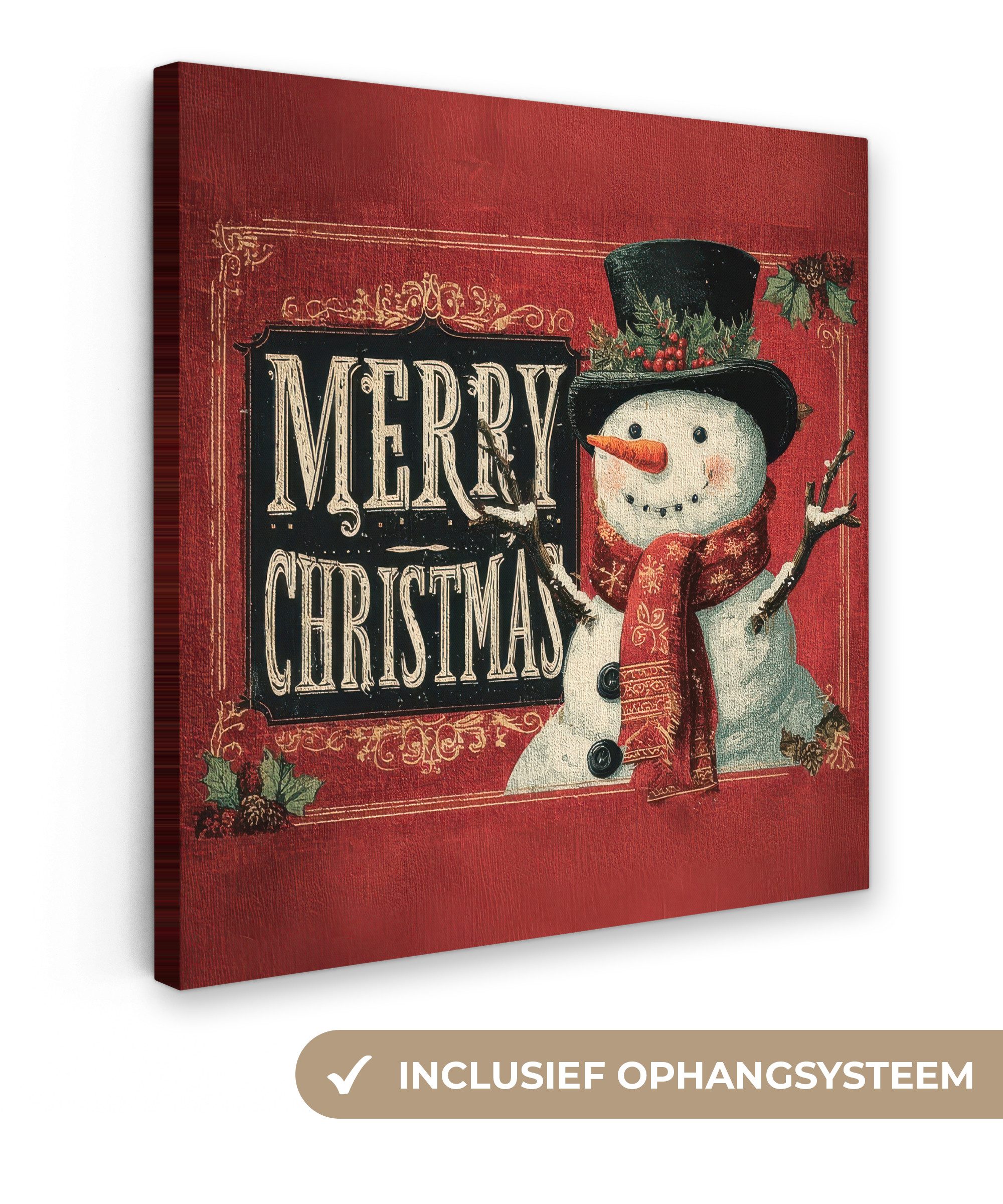 OneMillionCanvasses® Leinwandbild Klassisch - Weihnachtsgruß - Schneemann - Rot, Fotodruck (1 St), Wandbild, Deko Schlafzimmer Wohnzimmer Flur 20x20 cm