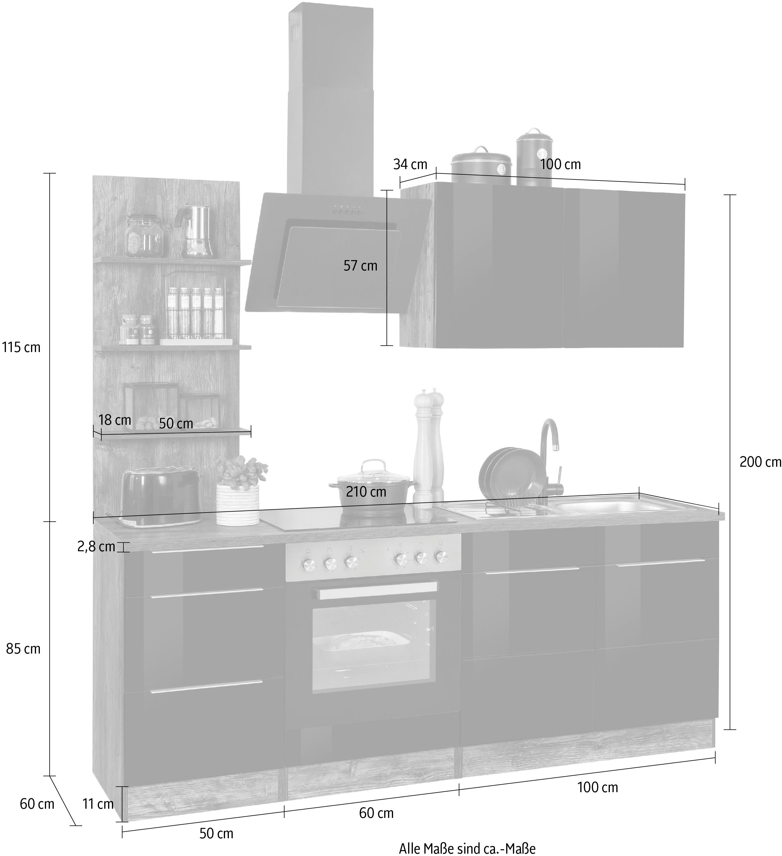 HELD MÖBEL Küchenzeile Brindisi, mit 210 cm | Hochglanz/eiche E-Geräten, vintage schwarz vintage eiche Breite