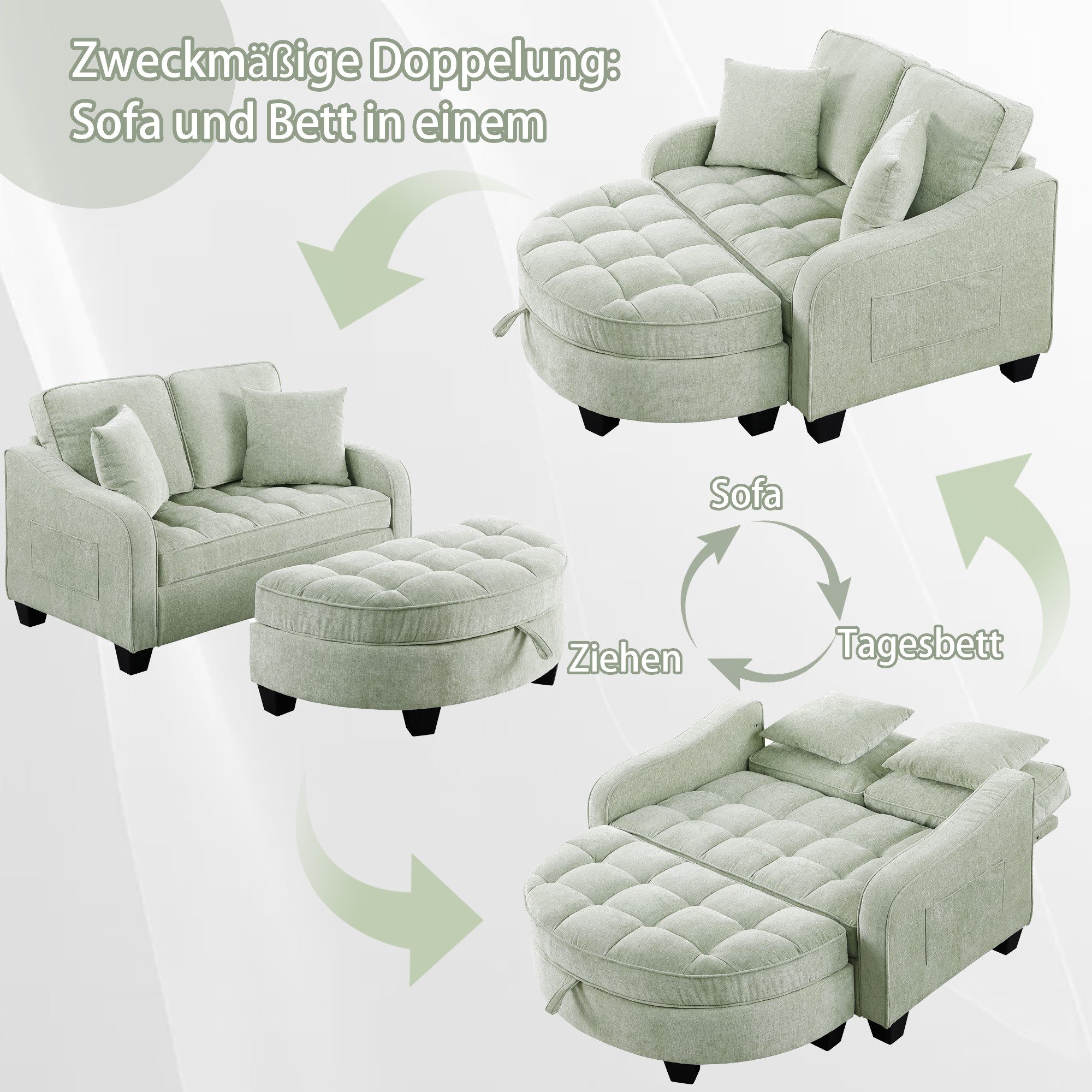 Odikalo Schlafsofa Multifunktionales Platzsparend 3-in-1 Sofa-Bett Aufbewahrungs-Hocker, mit Schlaffunktion und Stauraum, 3-in-1-Sofa mit Liegefunktion – Bild 4 von 5