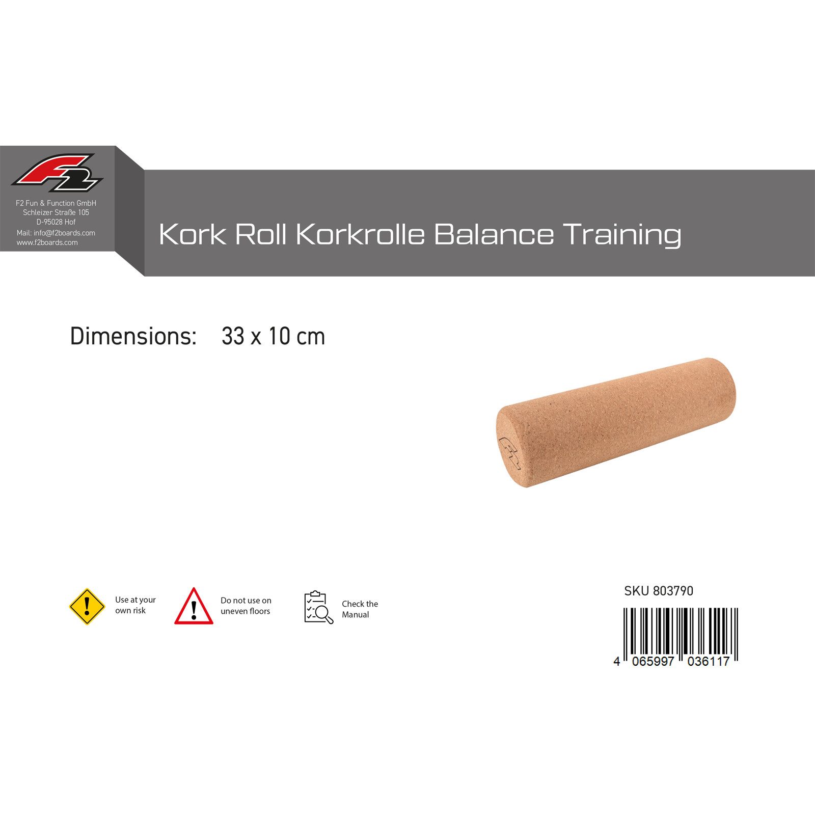 F2 Balanceboard F2 Balance Board Kork Roll Korkrolle Balance Training 33x9,5cm 202
