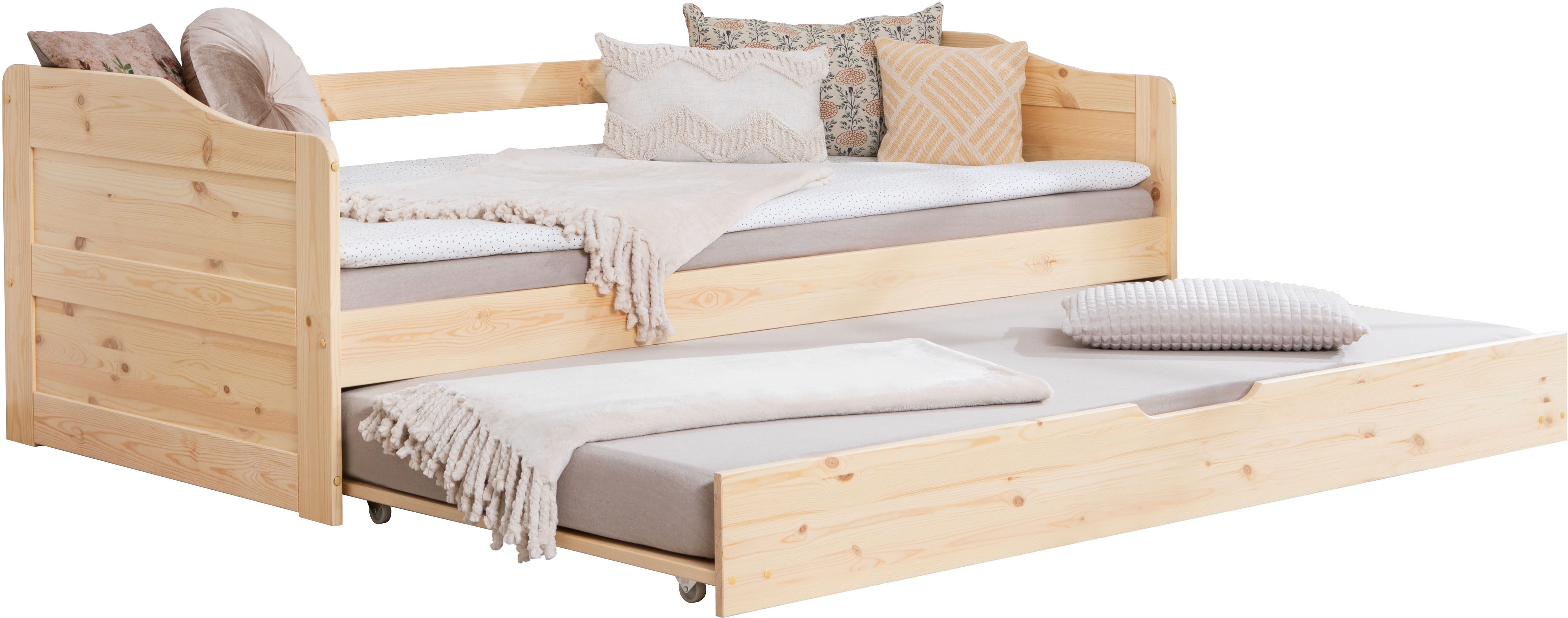 Ticaa Funktionsbett Melinda, Daybett, Jugendbett, 2 Schlafplätze, Schublade auf Rollen, FSC®-zertifizierte Kiefer, 2 Rollroste, Massivholz